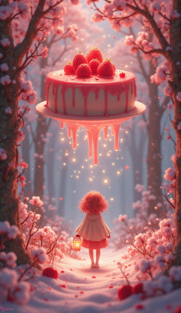 “Anime-style vertical portrait of Isla, a humanized strawberry cake girl. Her hair flows like strawberry glaze with hints of sparkling syrup, and her dress is a layered sponge of golden hues topped with whipped cream accents and  petals. Her eyes glow like jelly-filled jewels. She holds a lantern shaped like a candied cherry, guiding her through the sugarwood forest. Behind her, cotton  trees sway under a frosting sky, glowing fireflies swirling in the background. Magical expression and gentle confidence.