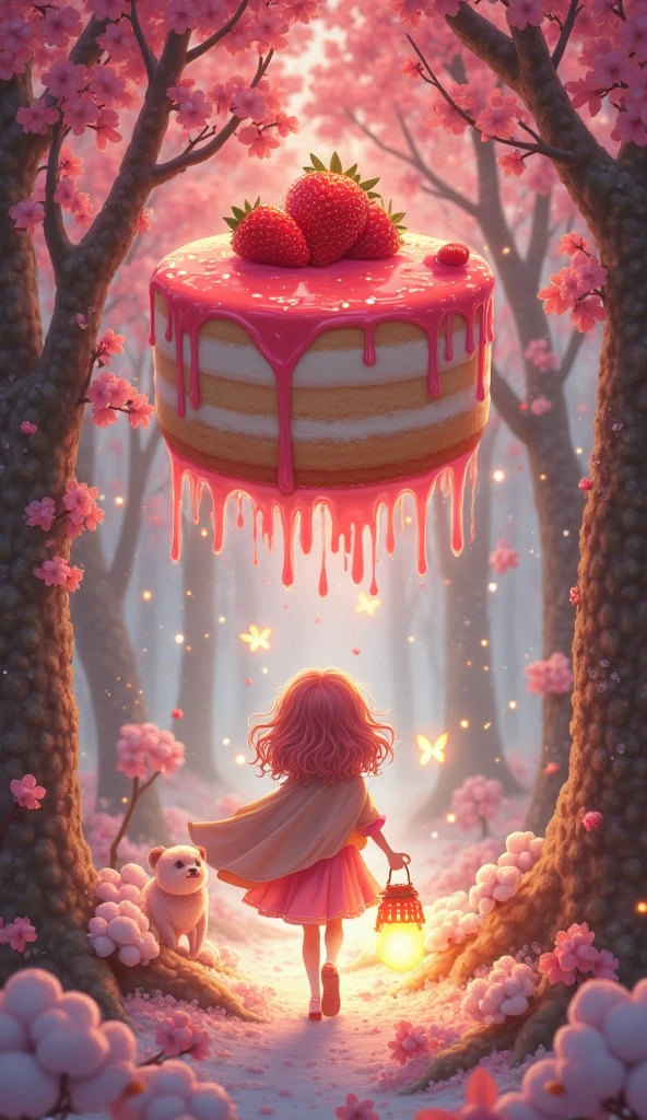 “Anime-style vertical portrait of Isla, a humanized strawberry cake girl. Her hair flows like strawberry glaze with hints of sparkling syrup, and her dress is a layered sponge of golden hues topped with whipped cream accents and  petals. Her eyes glow like jelly-filled jewels. She holds a lantern shaped like a candied cherry, guiding her through the sugarwood forest. Behind her, cotton  trees sway under a frosting sky, glowing fireflies swirling in the background. Magical expression and gentle confidence.