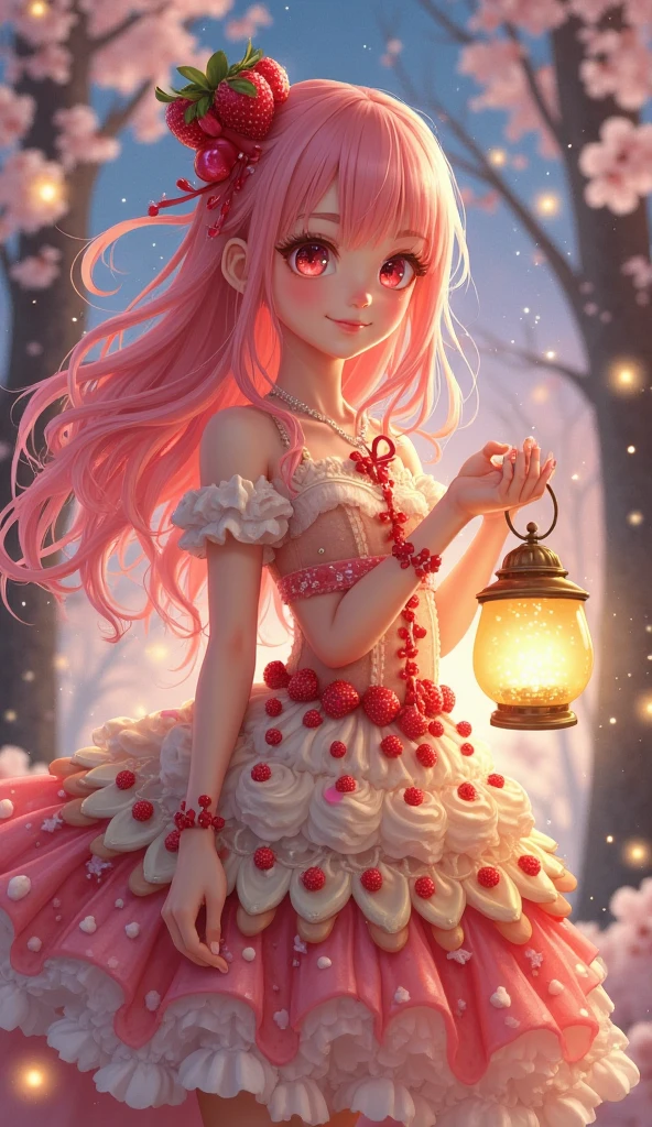 “Anime-style vertical portrait of Isla, a humanized strawberry cake girl. Her hair flows like strawberry glaze with hints of sparkling syrup, and her dress is a layered sponge of golden hues topped with whipped cream accents and  petals. Her eyes glow like jelly-filled jewels. She holds a lantern shaped like a candied cherry, guiding her through the sugarwood forest. Behind her, cotton  trees sway under a frosting sky, glowing fireflies swirling in the background. Magical expression and gentle confidence.