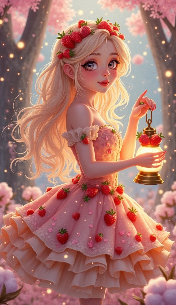 “Anime-style vertical portrait of Isla, a humanized strawberry cake girl. Her hair flows like strawberry glaze with hints of sparkling syrup, and her dress is a layered sponge of golden hues topped with whipped cream accents and  petals. Her eyes glow like jelly-filled jewels. She holds a lantern shaped like a candied cherry, guiding her through the sugarwood forest. Behind her, cotton  trees sway under a frosting sky, glowing fireflies swirling in the background. Magical expression and gentle confidence.