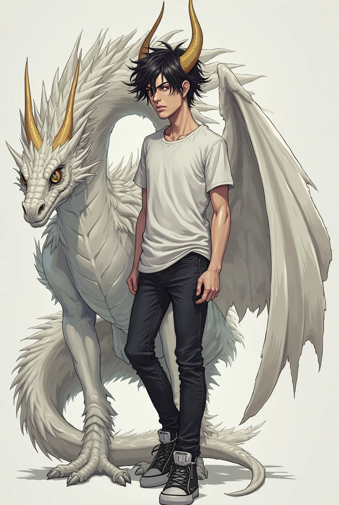 25 years old anime man with white hair, standing at the front of a dragon, hands in pockets,shirt off