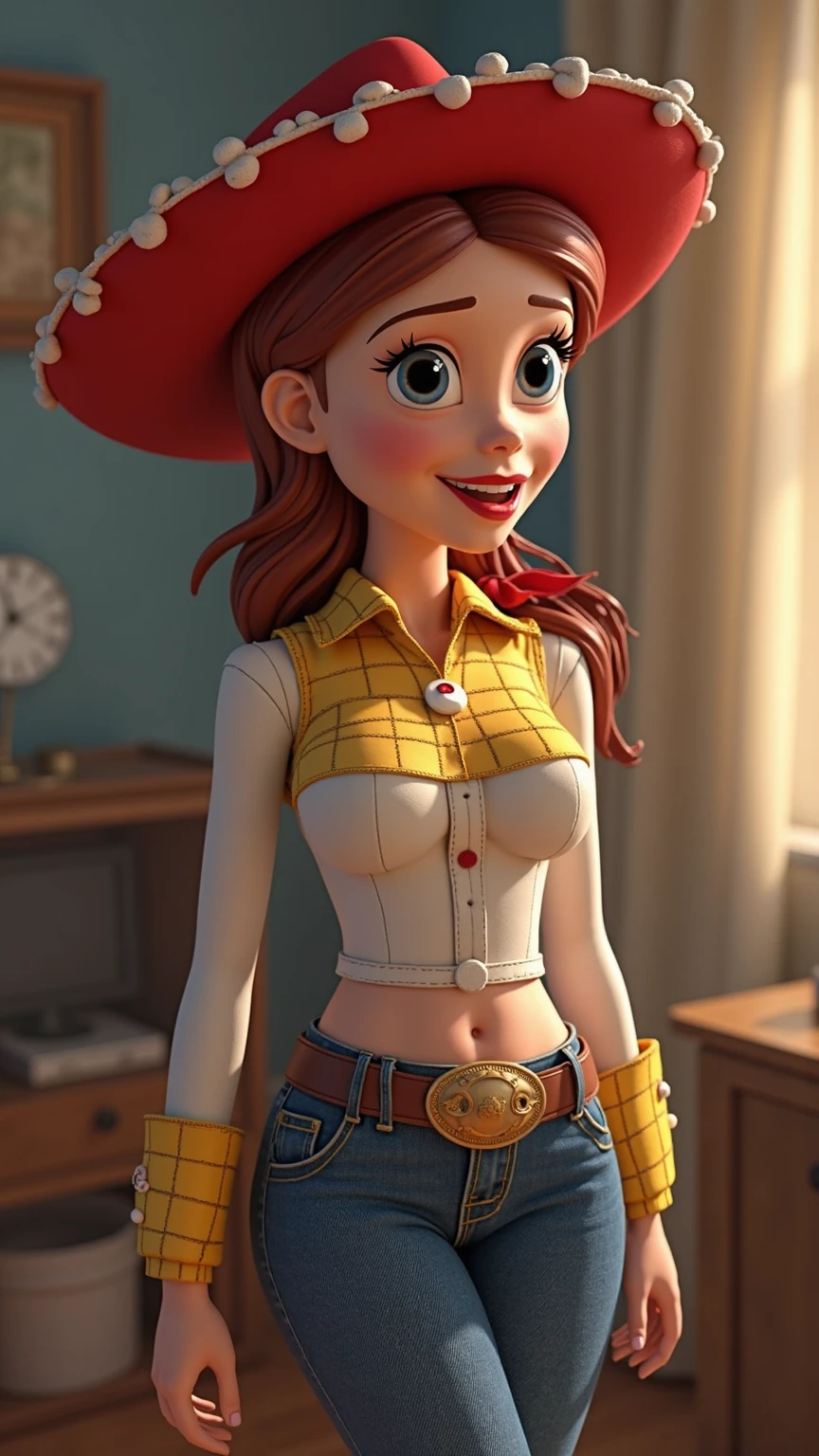 Jessie the cowgirl from toy story. Redhead, cowgirl clothes. Red hat Open-necked white shirt with yellow decorations, which shows off her enormous breasts. Blue jeans with cow spots, boots. Orange hair with braid. Super sexy, big breasts. Big legs. Nsfw