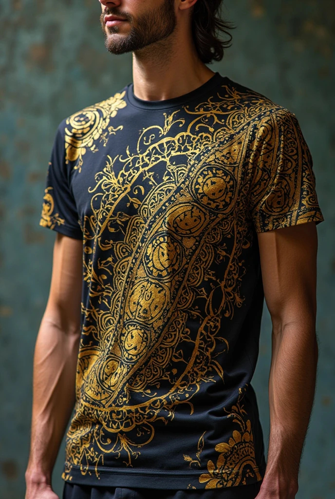 Plain T-shirt, with Greek patterns in the form of fragments, with gold chains in the form of patterns, in purple-gray colors, on a white background 