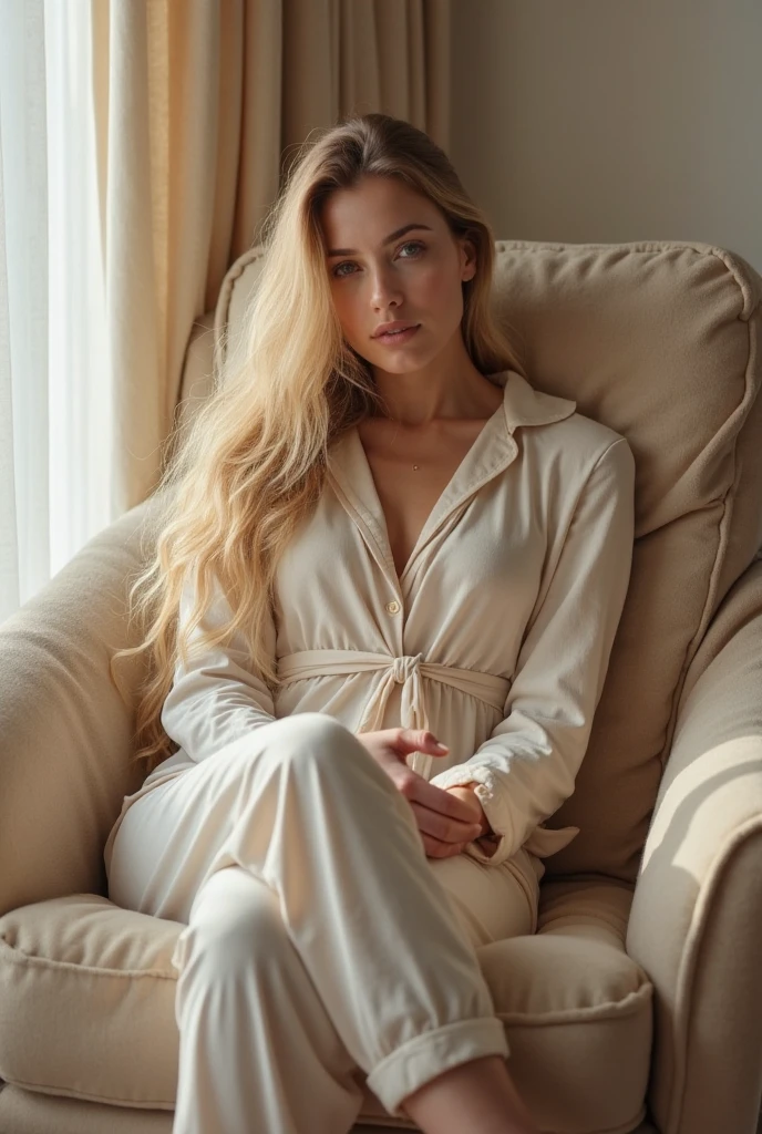 (photorealism:1.2), beautiful woman blonde, sitting on pool, pajama pants, long curly hair, indoors, soft lighting, plants in background, relaxed pose, realistic