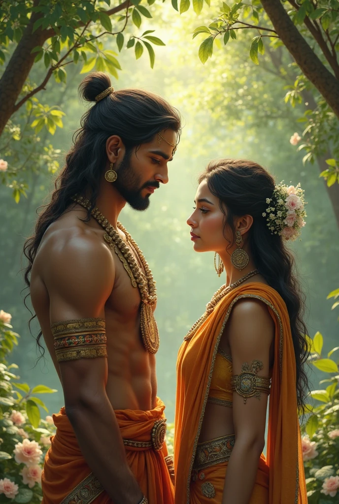 Beautiful lord karishna with A indian girl she wear white shirt and on the her shirt write name Veshuu, peacock pankh