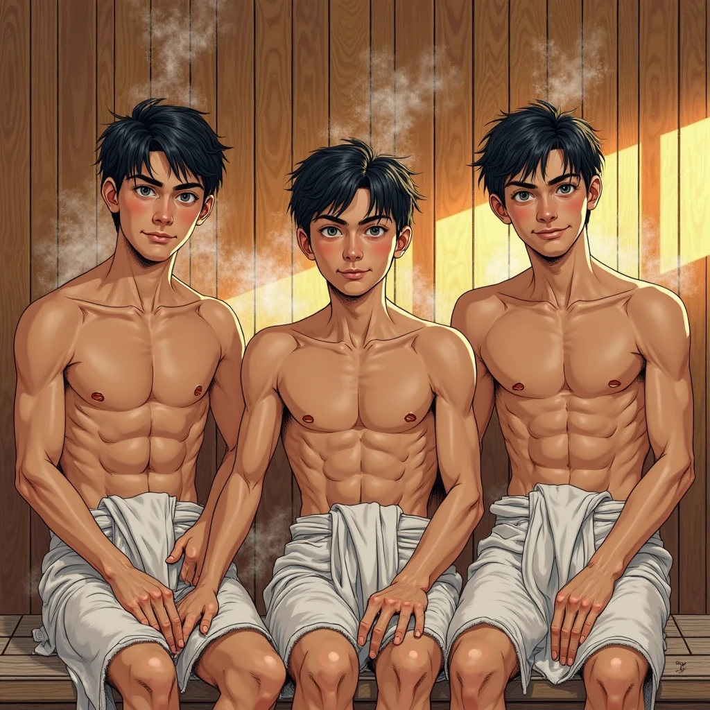A large group of young Japanese men、Bikini-type small and thin swimsuit、Huge bulge in the crotch、Inside Starbucks Coffee