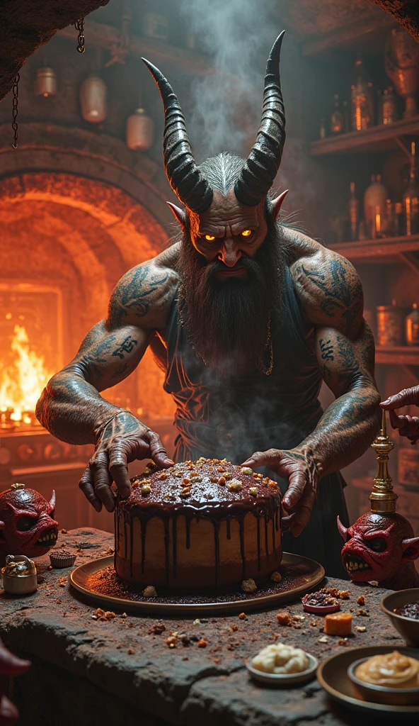art handsome naked devil with beard eats brain , black background with candles