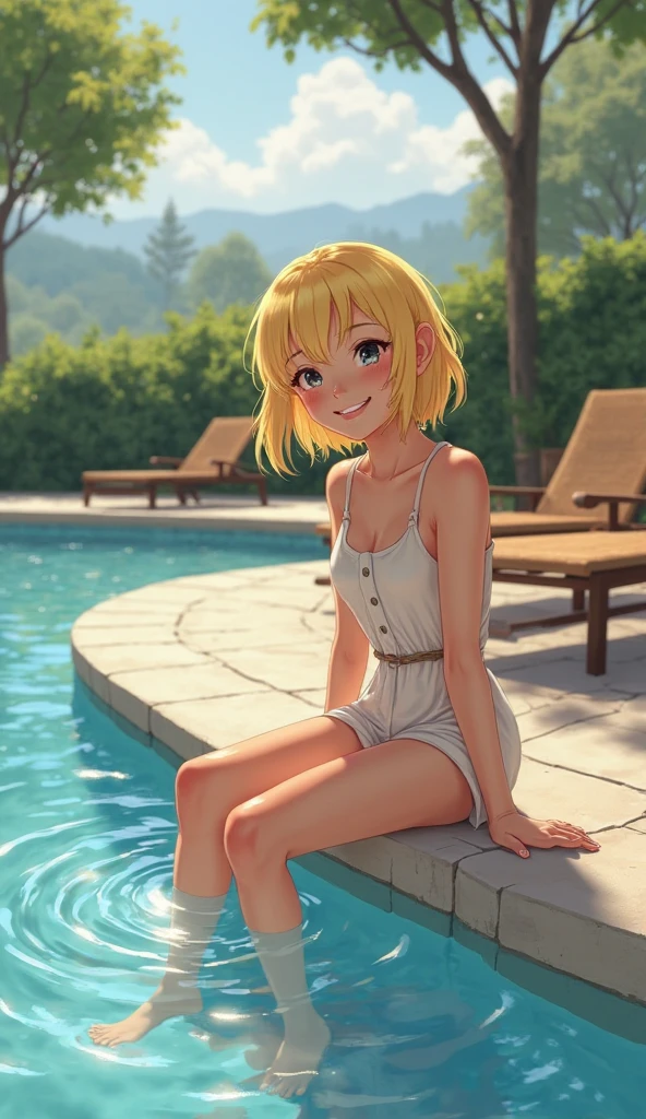 ((best quality)), ((masterpiece)), (detailed), (((perfect face))), 18yo teen girl, skinny waist, skinny thighs, park, ((sundress)), (shy smile), ((sitting)), (((upskirt))), (((panties))), blonde