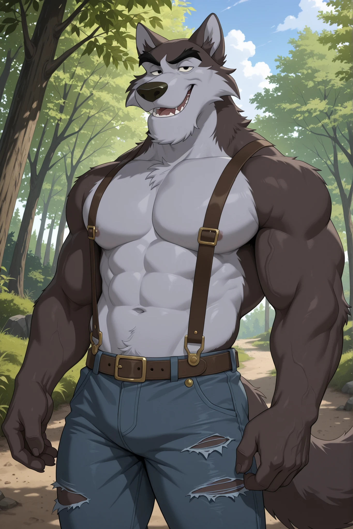 detailed background, detailed fur, cowboy shot, dynamic pose, dynamic angle, solo, 1boy, adult, Nukblto, wolf, anthromorphic, daddy body, mature, bara, naughty face, smug, bedroom eyes, ((very expressive)), muscular, pants, suspenders, torn clothes, outdoors, forest, trees, sunny day, dirt, detailed forest, detailed scenery, detailed background, masterpiece, best quality, very aesthetic, newest, masterpiece, best quality, amazing quality, very aesthetic, absurdres, newest, high res, ultra detailed, best quality, best artwork, detailed eyes, (eyes focus), black eyes, perfect eyes, big iris, pupils visible, 4k, ultra quality, perfect face, absurdres,masterpiece,best quality,amazing