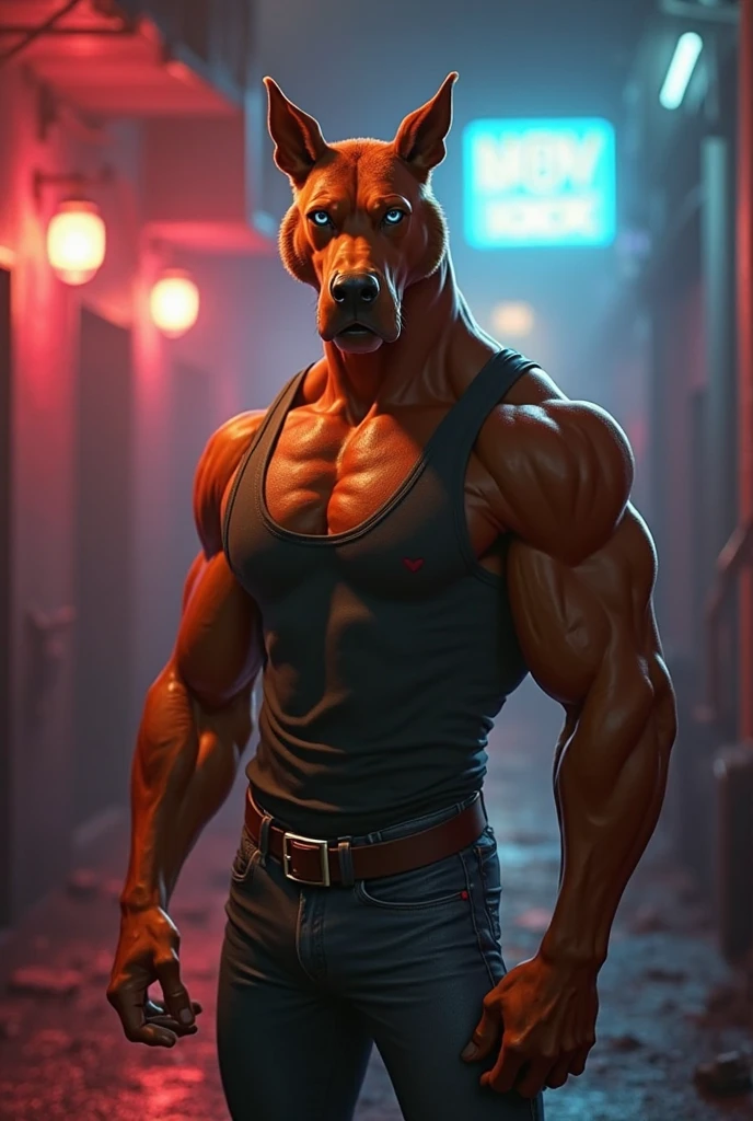 Solo, male, standing, (((by dramamine))), bulge, muscular, enormous, tall, buff, massive, big biceps, big pecs, alleyway, dramatic lighting, rape face, smirking, evil expression, (((great dane)))