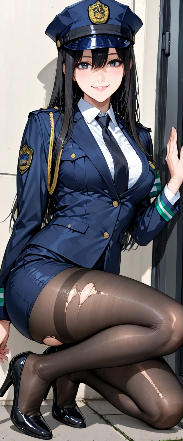 highest quality、masterpiece、8K、realistic、ultra high resolution、very delicate and beautiful、HDR、cinematic lighting、medium range shooting、portrait、perfect female body、Beautiful woman、mature woman、put your hand on your head、look at the audience、medium breasts、cityscape、(short bob、brown hair)、((policewoman:1.4、uniform、limited cap、uniformのボタン、tie、uniformのジャケット))、Police Vehicles、Baton、handcuffs、wireless、vest、leather shoes、name tag、uniformのパッチ、防弾vest、police badge、skirt、boots、gun、police badge、epaulettes、uniformのskirt