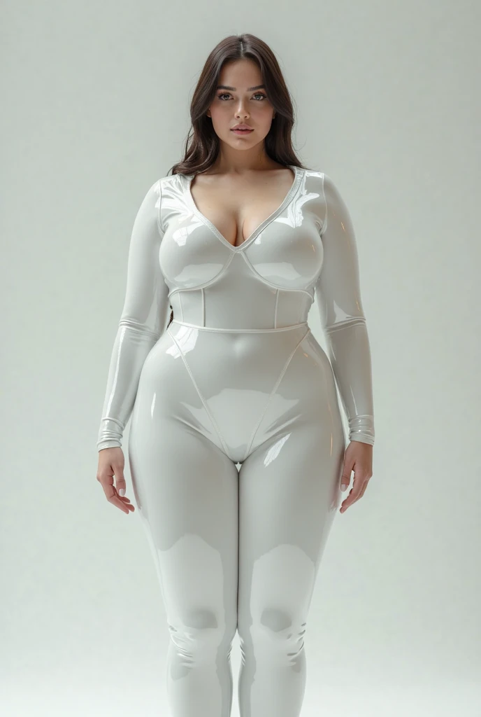 arafed sexy mature woman in a tan white May transparent in organza, standing in front of a white background, thin white May in organza transparent, wearing skintight, is wearing a white transparent organza swimsuit, suit legs, muted colored May, high-end jumpsuit, May, skintight, fullMay, photorealistic perfect body, tight full body suit, women full body, closed swimsuit,sexy mature woman with 60 years,