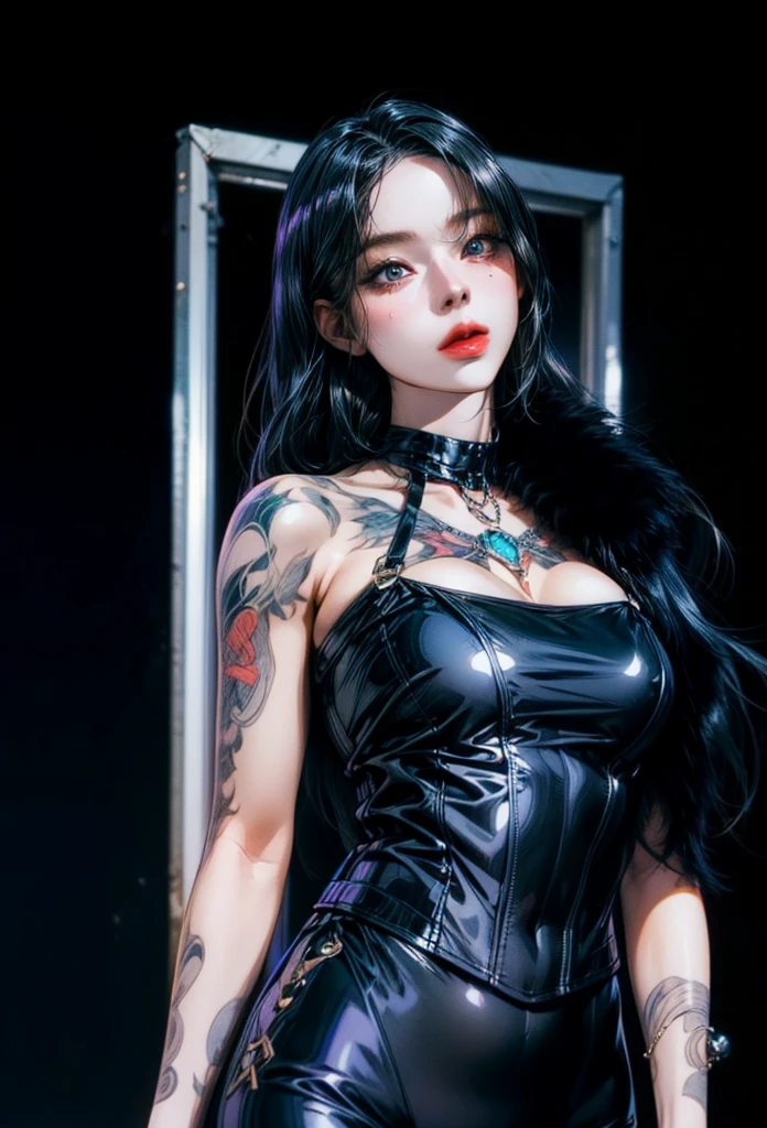 arafed woman in a corset with a chain around her neck, imvu, second life avatar, goth girl, upper body avatar, neo goth, lblsck hair, inspired by Rowena Meeks Abdy, gothic girl, gothic harts, goth style, goth, bubble goth, true goth, lilith, sultry expression