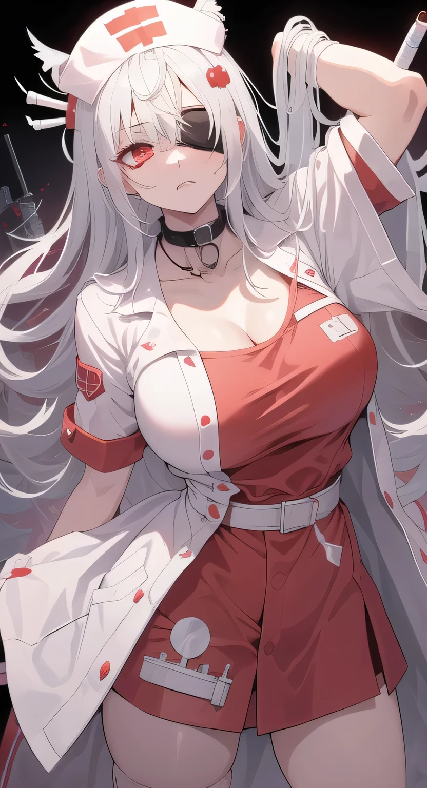 masterpiece, best quality, high_resolution, fine details, very detailed and beautiful, distinct_image, 1 girl, solo, silver hair, red eyes, dragon horns, (huge), (),hospital,curvy, glass mug,(nurse costume),thighhigh,(skirt),