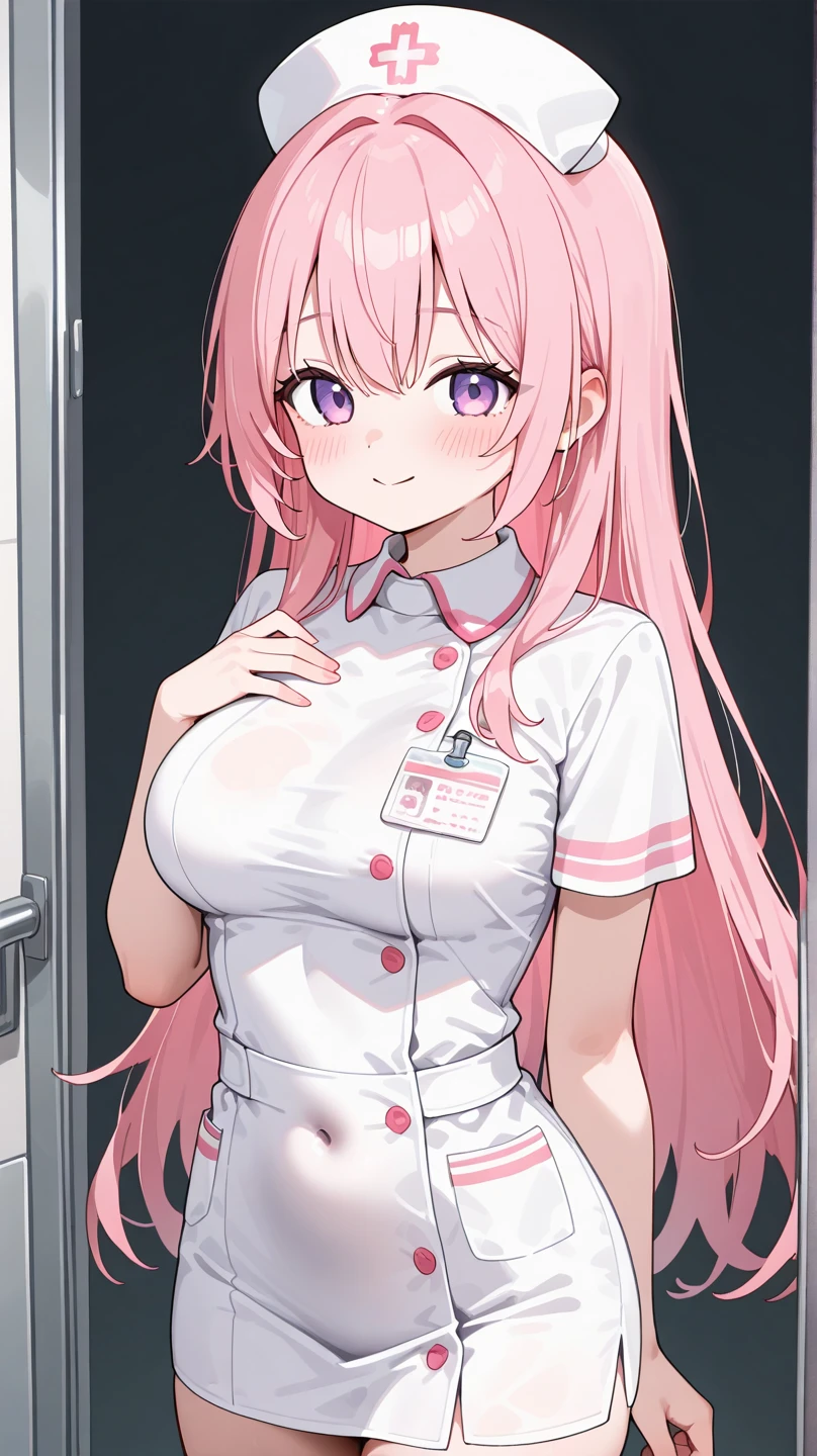 Beautiful woman, Sparkling eyes, False eyelashes, Pink Lips, Big and ample breasts, Two Arms, thumb and four fingers, Anatomically correct fingers, Detailed Description, hospital, nurse, I'She is sitting on the bed and her panties are visible through her miniskirt., Leg spread,