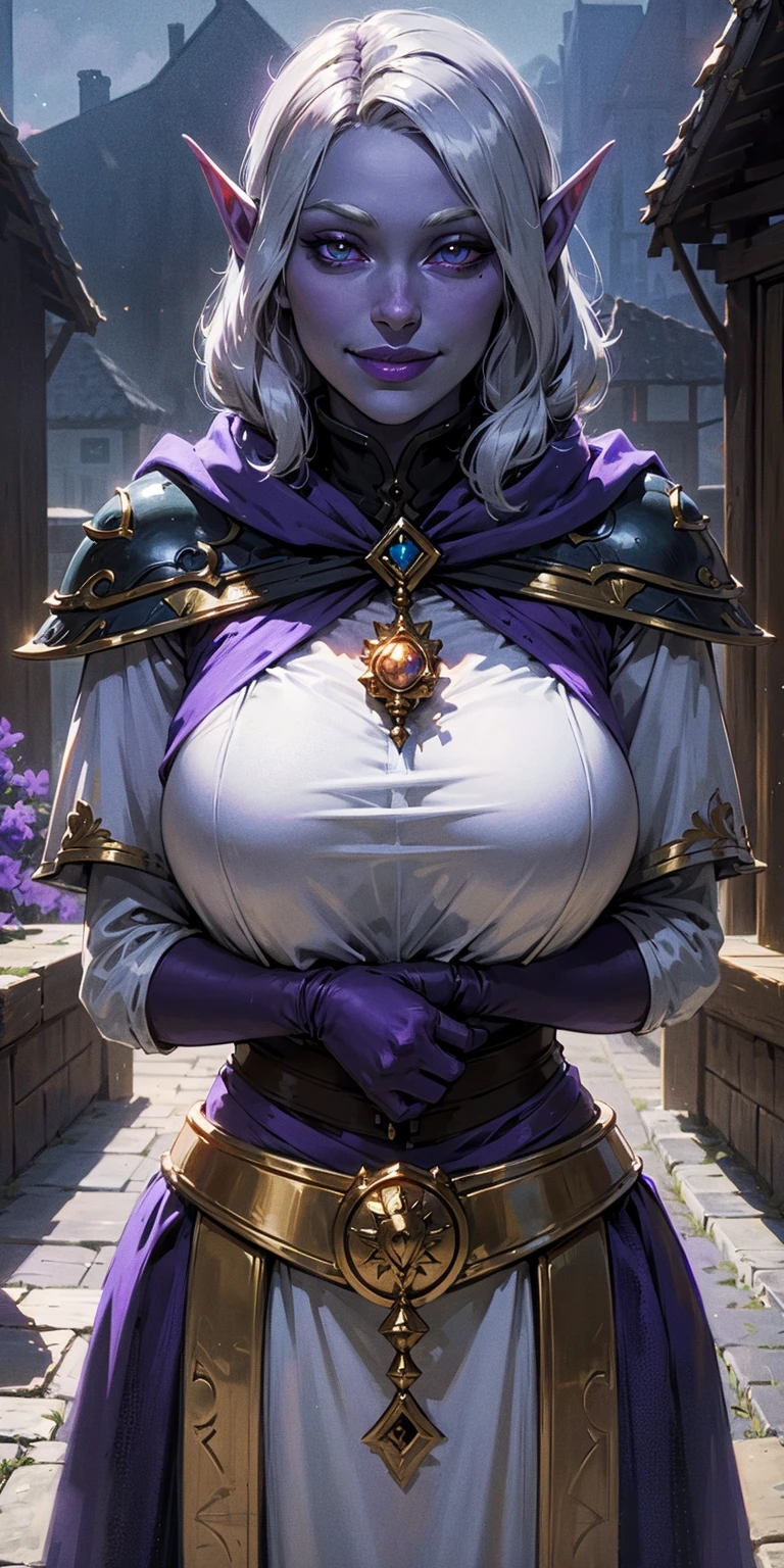 (1MILFWoman)(chest covered)(smile) Gray skin, pale golden hair and violet eyes. She prefer clothing of white and silver with cloaks of deep blue or purple, blue or purple background, knockers ((very precise detailed)) ((highres)