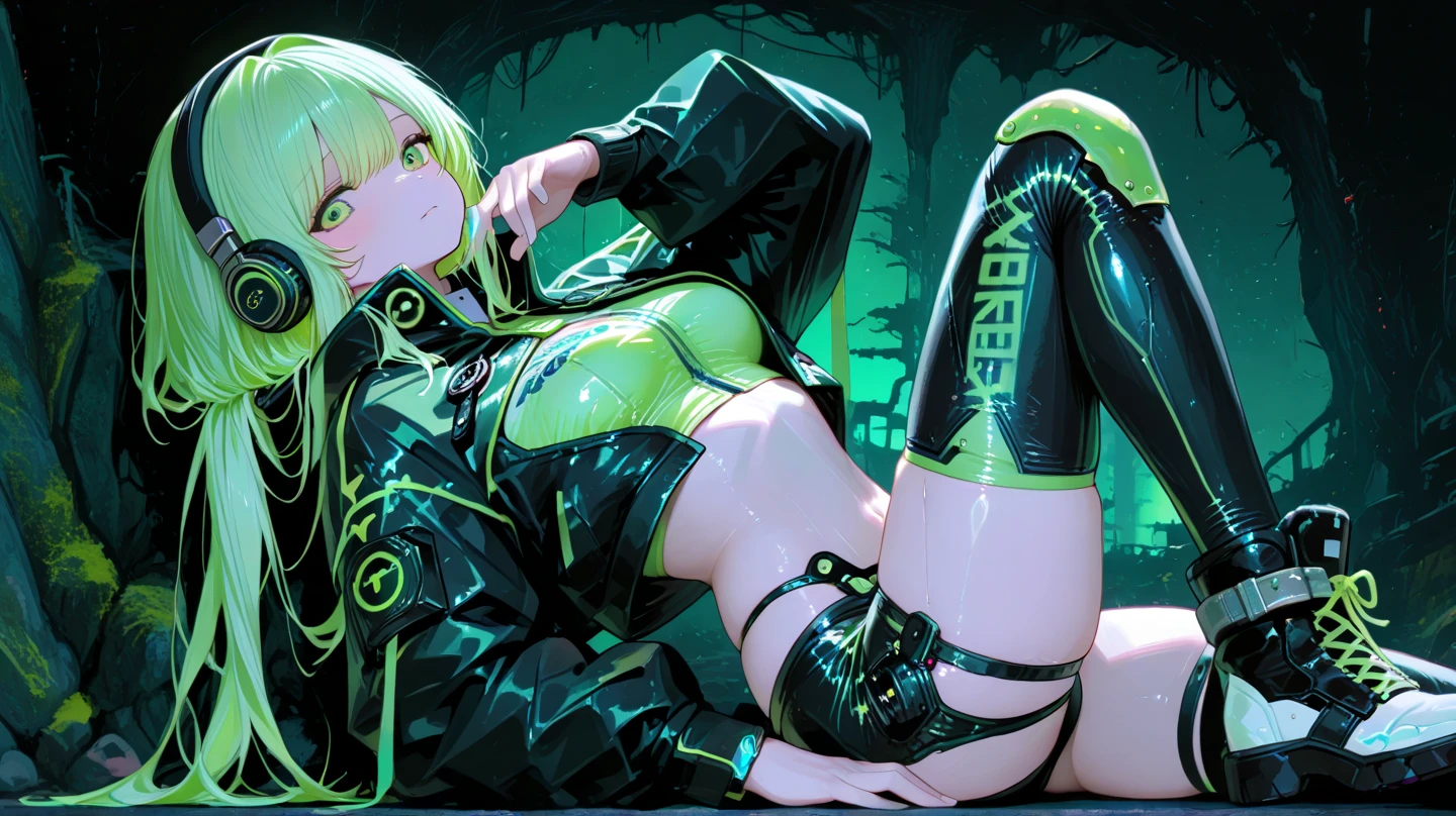 ((masterpiece,Highest quality:1.3)),cowboy shot,1woman,30 year old beauty,Investigator、独奏,((very small head:1.3)),green hair,(low ponytail),long hair,blunt bangs,green eyes,gorgeous eyes,shy,Heavy breathing、medium breasts,((very long body:1.2)),((toned body,slender body,skinny)),gleaming skin,shiny skin,((Black leather high leg bodysuit、Long sleeve,Micro Shorts)),barefoot、(Black leather combat boots)、Wet crotch、kneeling,Dark back alley、Metropolis、cyber punk、World of Blade Runner、