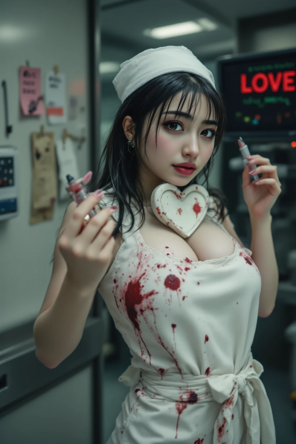 Best image quality, Excellent details, Ultra-high resolution, (realism: 1.3), ((Cowboy Shot:1.2)), Best illustrations, Favorite Details, A young Korean Idols woman and very condensed woman, 19 years old, Beautiful and delicate facial features, Perfect Proportions, ((From up)),((((Lie on your back on the ground, Close ~ eyes,defeat with blood)))),Perfect Breasts, Chubby:0.4, ((A swollen belly like perfect body woman)),((I like nurse suits, red and white mech, Military Harness)), The background is a military base, (wet shot:0.4).