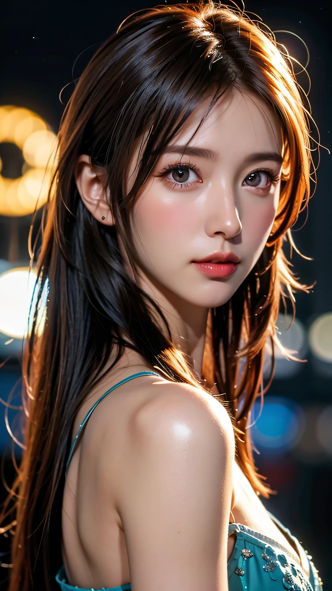 8K, of the highest quality, masutepiece:1.2), (Realistic, Photorealsitic:1.3), of the highest quality, masutepiece, Beautiful young woman, Pensive expression, Thoughtful look, Competitive swimmers、swim wears、Hair tied back, Cinematic background, Light skin tone