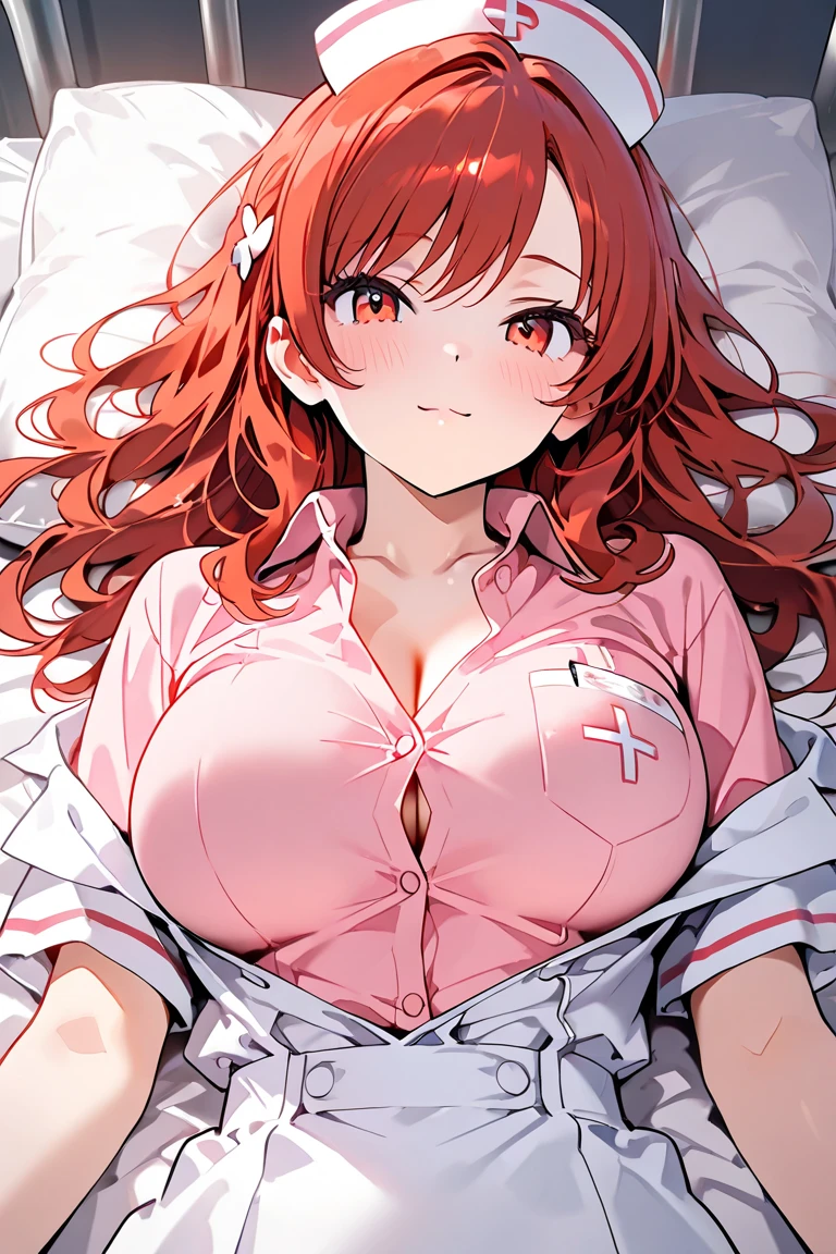 Nurse uniform、Showing underboob、bed