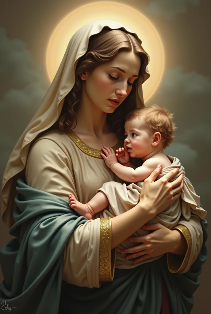 Our Lady holding a large rosary in one hand and the baby Jesus on her lap
