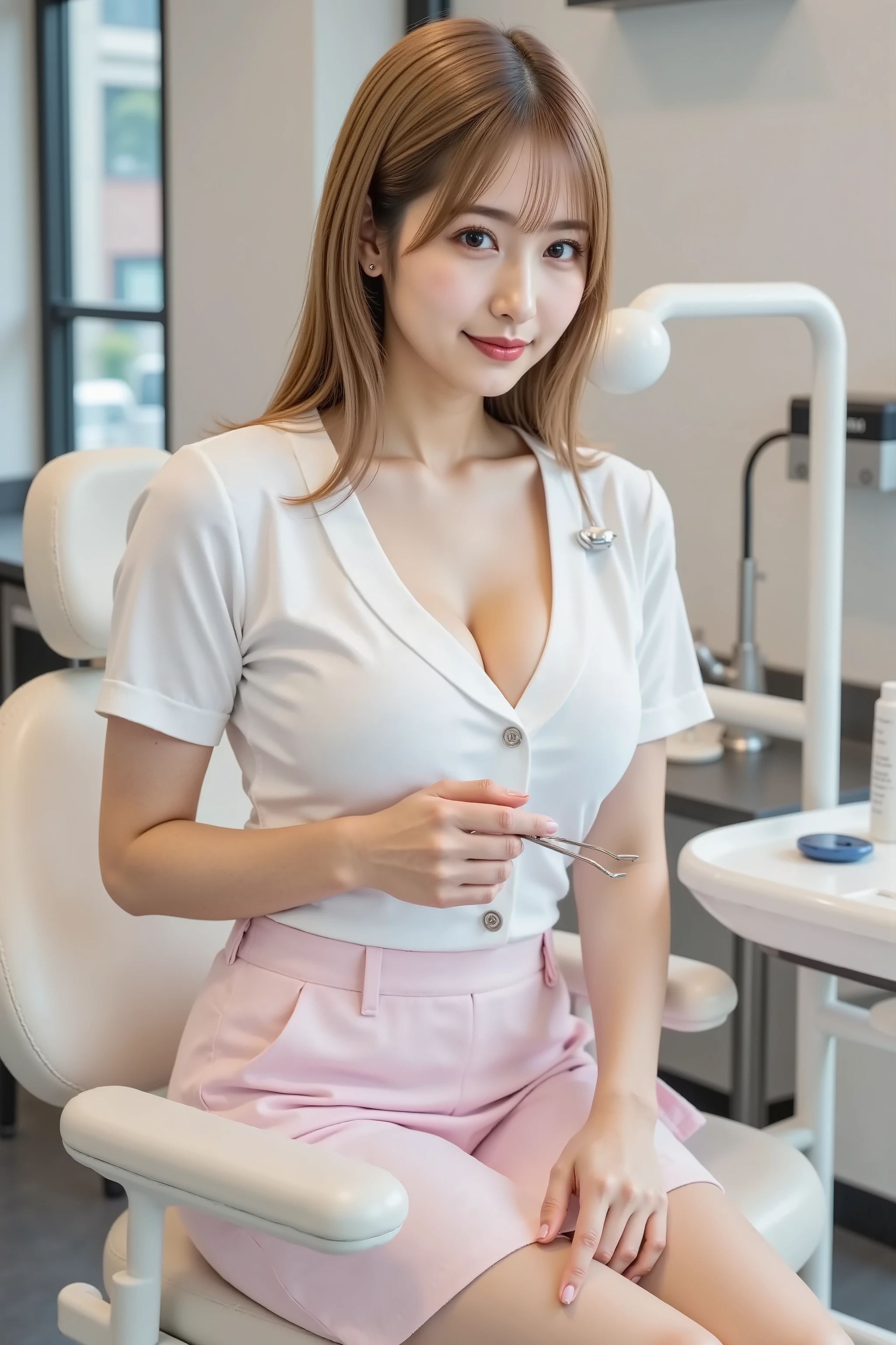 Catherine,hair styled in aplatinum blonde, gold hair, professional photography, masterpiece, high resolution, an upper body portrait of a 20-year-old professional Japanese woman with a kind and reassuring smail, working as a dental hygienist in a bright, modern dental clinic. She has delicate Japanese facial features, a soft angular jawline, high cheekbones, a small refined nose, and large, friendly eyes. Her skin is porcelain-smooth with a realistic and clean texture, befitting a healthcare professional. Her long, straight hair is tied neatly in a professional bun. She wears a fitted, V-neck white hygienist's tunic over a pink top, paired with a matching pink mini skirt-style uniform bottom. The uniform's V-neckline accentuates her voluptuous, ample bust with a clear, deep cleavage, while maintaining a professional appearance. She stands next to a dental chair, organizing sterilized instruments on a tray. The composition is a professional portrait, aspect ratio 2:3. Shot on a Canon EOS R5 with an 85mm lens at f/3.5, ISO 400, and 1/125s shutter speed, creating a shallow depth of field that blurs the background of high-tech dental equipment. The lighting is the bright, clean, and shadowless fluorescent lighting typical of a medical facility, emphasizing the sterile environment and her trustworthy demeanor. The color palette is clean, with whites, light pinks, and cool metallic tones. The level of detail is hyperrealistic, capturing the metallic sheen of the dental tools, the texture of her uniform fabric, the subtle details of the dental chair, and her caring and competent expression. The mood is professional, caring, and reassuring.