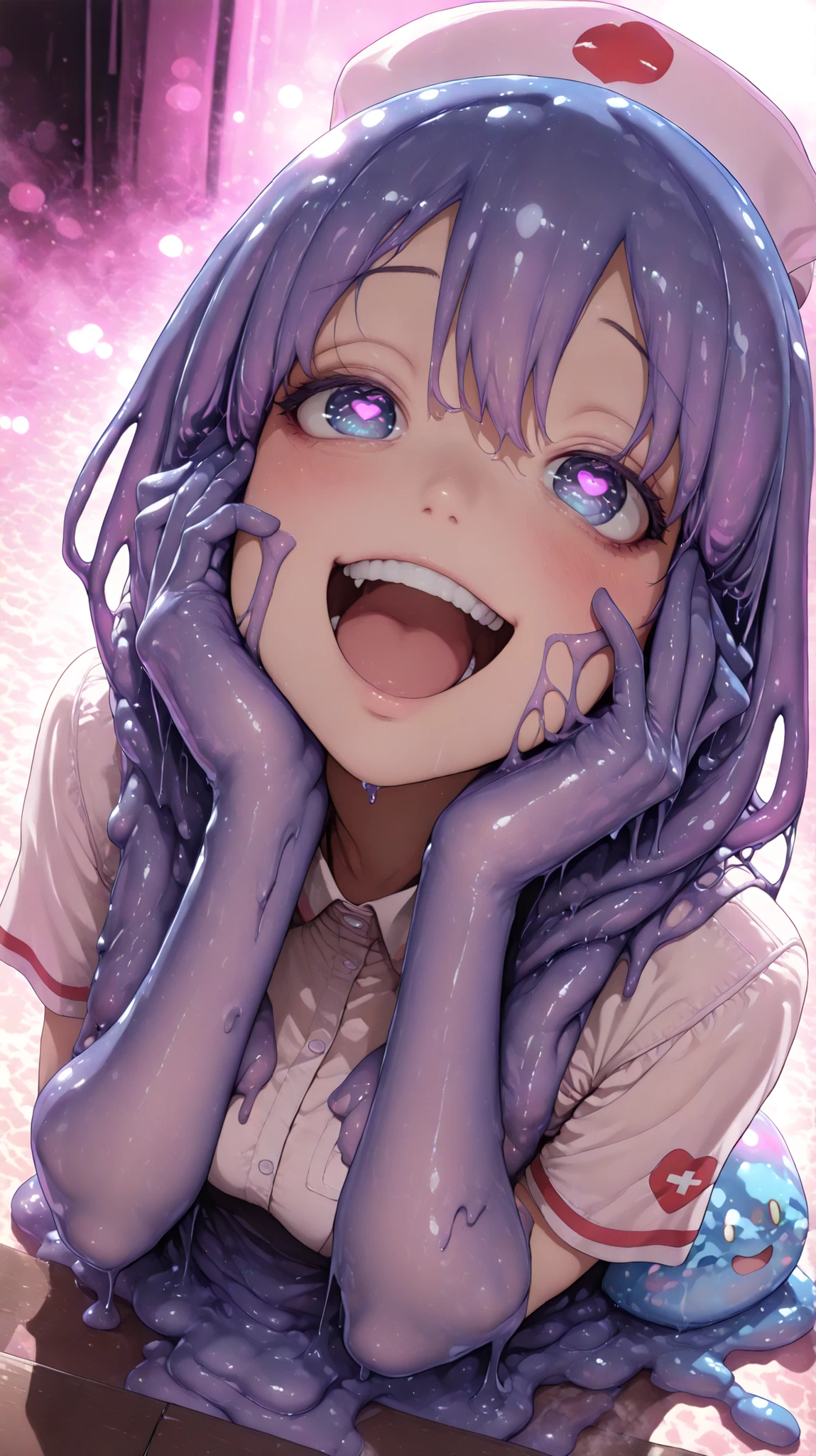 cinematic, (masterpiece), (best quality), (ultra-detailed), very aesthetic, illustration, realistic illustration, perfect composition, intricate details, absurdres, (anime, masterpiece, intricate:1.3), (best quality, hires textures, high detail:1.2), (4k),(incredibly detailed:1.4),realistic shadow, charming slime girl in a yandere style、Wearing a nurse uniform ,giant eyes、Gruly Expression、bright blue slime body、Tentacles extending from the back、Wicked Smile、4K high definition,has an extremely fine texture,realistic texture,Realistic,HDR,UHD,Studio Lighting,Ultra Fine Paintings,in focus,Physically Based Rendering,Professional,vivid colors,bokeh,(purple Heart effect in the air),open mouth,(steam:1.2),(fish-eyeangle:1.2,Dutch angle 1.4),from above,slime face,(gelled slime body:1.2), yandere trance, yandere, hands on own cheeks, hands on own face, crazy eyes, crazy smile, crazy, heart-shaped pupils,dark pink lighting