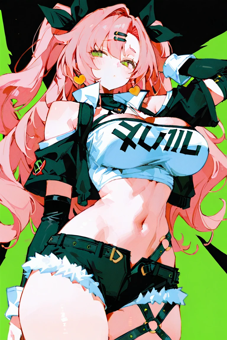 [nicole_demara], ((masterpiece)), ((solo portrait)), ((waist up)), ((low angle view)), ((HD)), ((High res)), ((anime)), ((detailed shading)), ((cinematic lighting)), {(thicc athletic figure), (black mole on left cheek), (half lidded), (cute green eyes), (long eyelashes), (long pink hair), (pigtails), (lush lips), (large breasts), (beautiful legs), (smug smile)}, {(white sleeveless tube top), (black shoulderless jacket), (cleavage), (midriff), (short black denim shorts), (black thighhighs), (thigh belt)}, {(dynamic pose)}, [ambient lighting, city, daytime, sun rays]