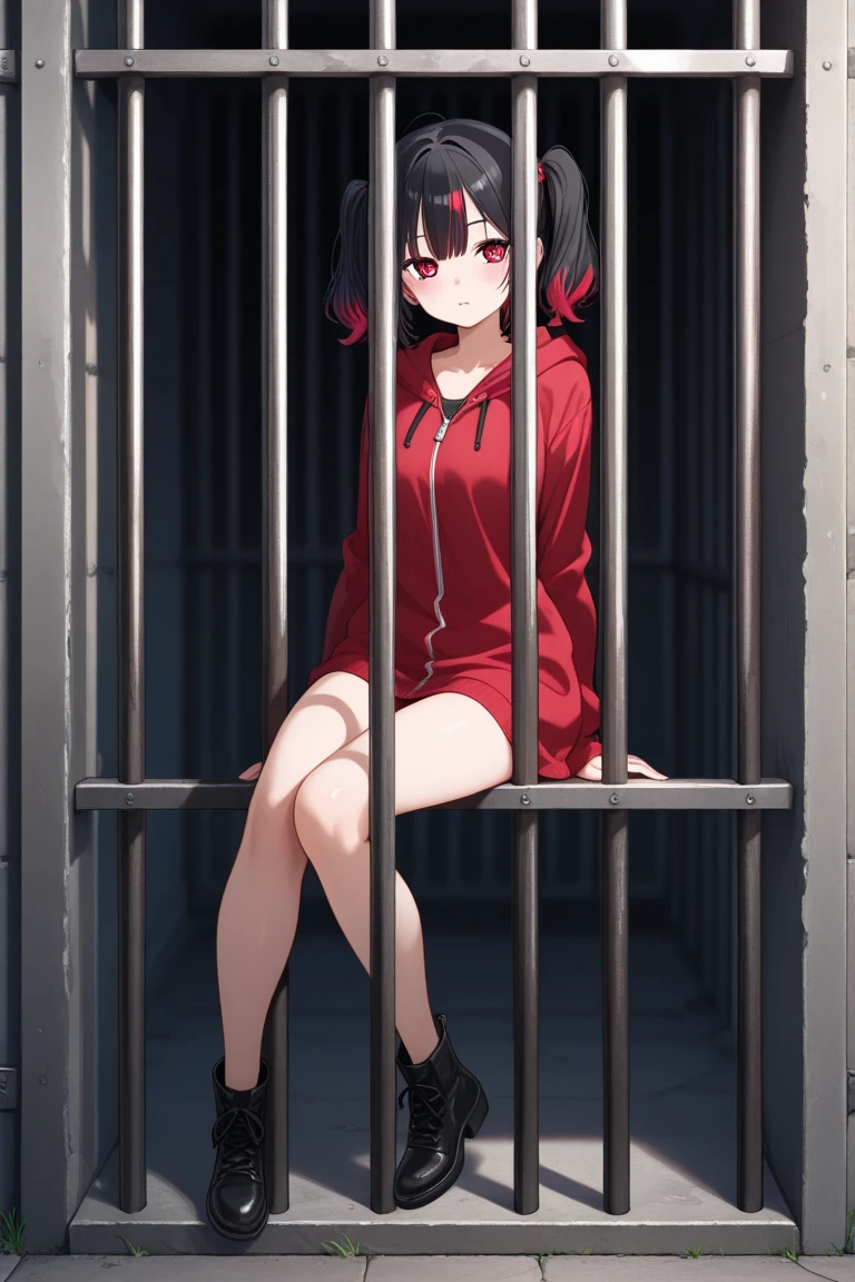 1girl,behind bars,prison clothes,Poor milk,children's,Heavy leg irons,kneel,Barefoot