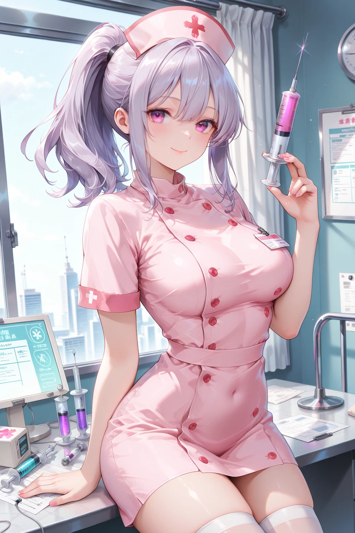 1 woman, full body, inside a hospital, hot nurse, silver hair, wearing a white apron with pink details, open apron, no panties, no bra, showing her breasts, showing her pussy, little pubic hair, pink pubic hair, slightly pinkish white skin, beautiful lips, perfect mouth, pink eyes, wearing red sandals, perfect little feet, pink painted nails, holding a clipboard in one hand (long and pink nails), holding a syringe in the other hand, orgasmic expression, clear liquid dripping from her pussy.
