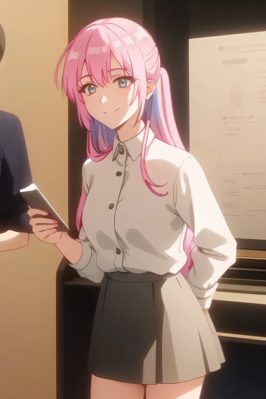 can you draw a woman with long pink hair,can you draw a nice smile,,white blouse,navy blue mini skirt,,OL ,pink hair long hair,Let's draw a more delicate expression,A woman with a lovely smile,The face is absolutely necessary,,Please describe,
