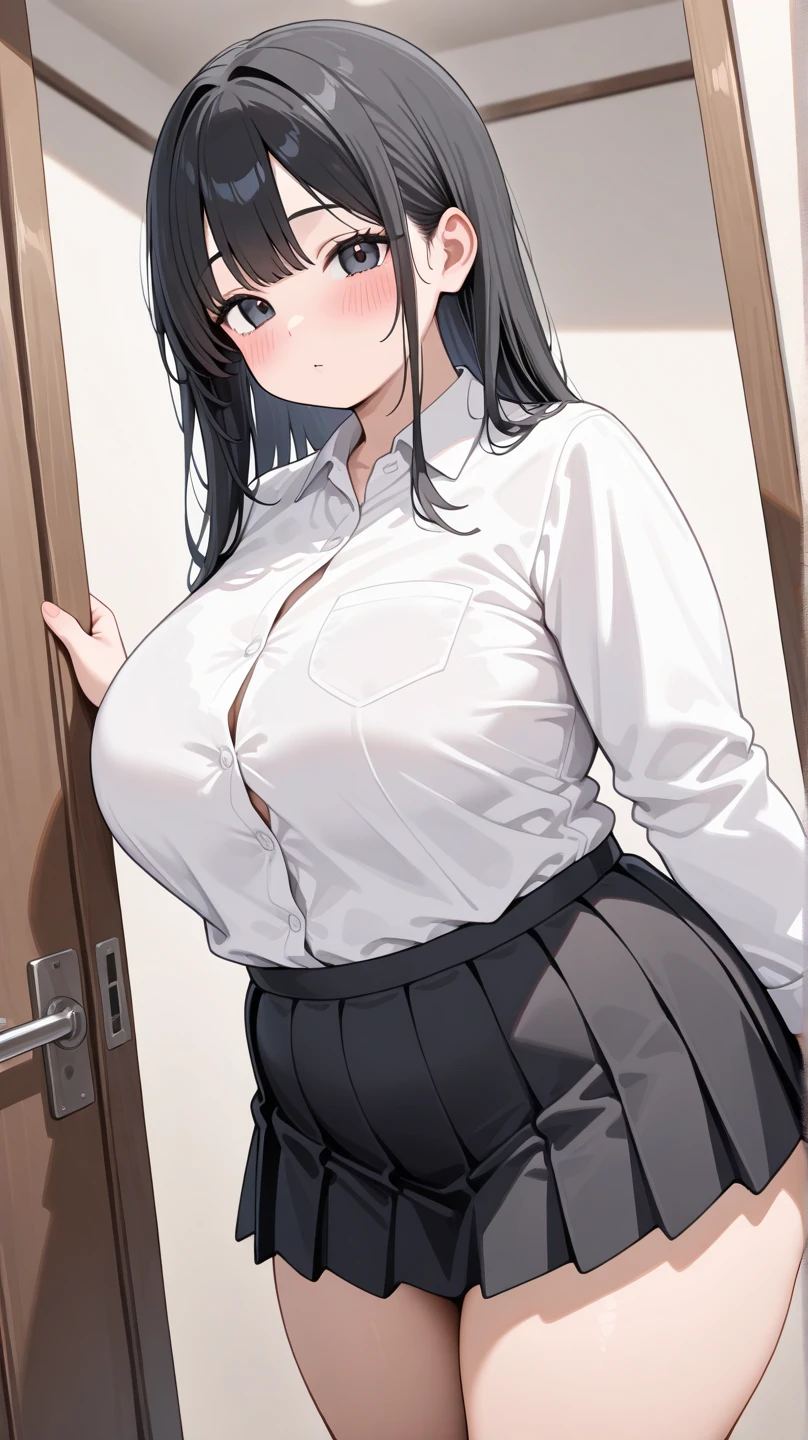 masterpiece,highest quality, Ultra-high resolution,(Beautiful woman:1.2), cute, cute face, (Upward-facing chest, Beautiful big boobs:1.5),(blush, Happy:1.2),(blush:1.5), Sticking out your tongue a little, Squint your eyes, (enjoy:1.2), (Black Hair:1), (short low ponytail:1.2), Medium Hair,Sexy mole around mouth,Wet lips, (erupt:1.4), (Squint your eyes:1.4) ,((Simple white shirt:1.3)), School, room, ((school uniform)), (Grey pleated skirt), (( looking up:1.3)), Looking down angle, ((hugging own legs)), Realistic Background,(Sweaty uniform),