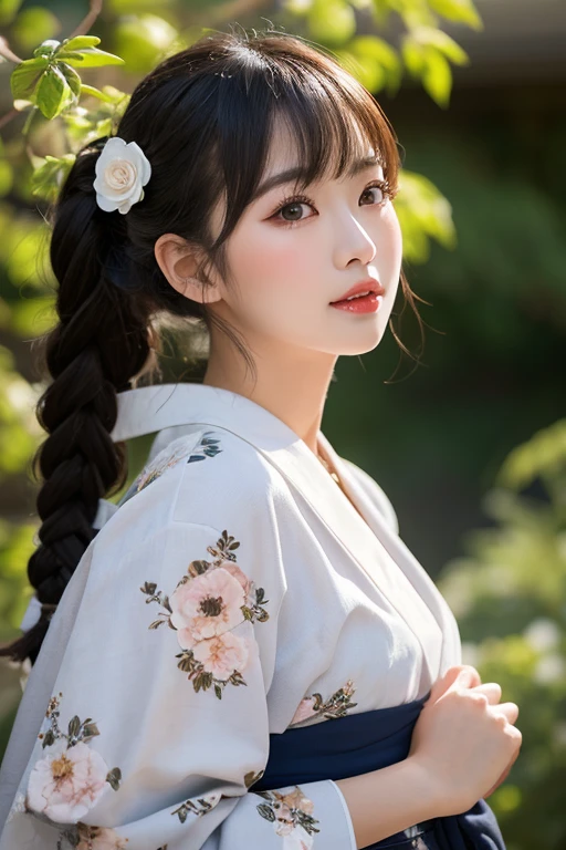 table top, highest quality, figure, super detailed, finely, High resolution, 8k wallpaper, 完璧なダイナミックな構figure, detailed and beautiful eyes, She wears a red kimono,medium hair,natural color lip, bold sexy pose,smile,Harajuku、Japan girls at 24 years old、cute、sexy shot looking at camera、perfect proportions、C cup、brown hair、cacique#39;face、Blurred green park background