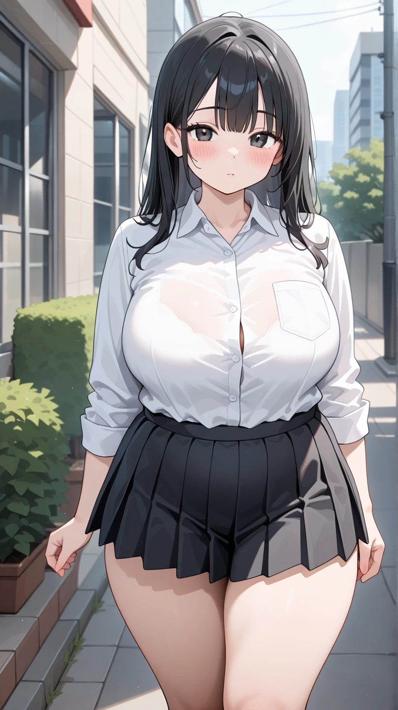 Long black hair, school uniform dress, massive sized boobs, huge boobs,thigh legs, short school skirt, holding a school bag,standing,black colour eyes,ultra realistic detailed brown eyes, beautiful and perfect face, school background, Carla Yeager, black hair