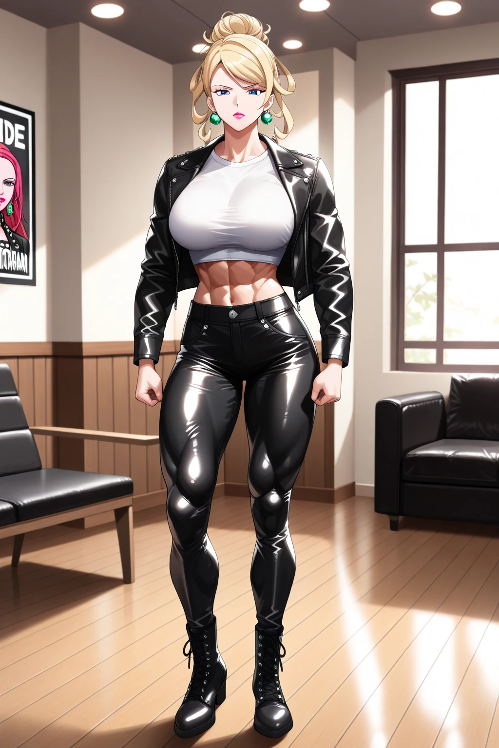 Boy, male body, adult, girl face, seductive face, provocative look, redhead, wolf cut hair, perfect body, fit body, thin waist, jacket, muscular, small female chest, jeans with pretuberance, leather boots, pretuberance,