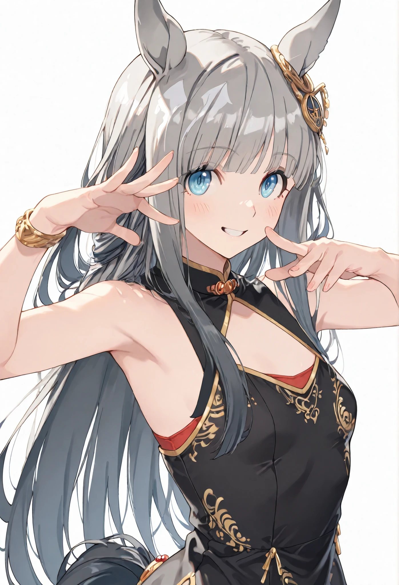 {{{1woman:1.3}}}, ,{{{Chrono Genesis:1.5,Uma Musume:1.4,gray hair,Horse Ears,Horse Tail,}}},{{{small breasts}}},{{{masterpiece}}},{{{top quality}}}, {{Super Detailed}}, {{very delicate and beautiful}}}, {{{8k}}},{{{flat color:0.6}}},{{{type-moon:1.5},{{{face focus:1.4}},{{{sexy pose}},,{{{simple back ground}}},{{{sexy pose,dynamic pose}}}{{{vulgarity:1.5,seductive smile}}} }{{{batch:1.5}}}{{{face focus}}},\(umamusume\){{{upper BODY}}},赤と黒のchina dress with small breasts, Elegant clothes 、china dress with small breasts、Double Bangs、{{{winking}}} soft lighting,dynamic pose, throwing a powerful punch” 美しい影, 1girA (( 背中が開いていて金色の花と龍の刺繍が施されたchina dress with small breasts,with slits、Sexy back and legs、),black tights ,white background,