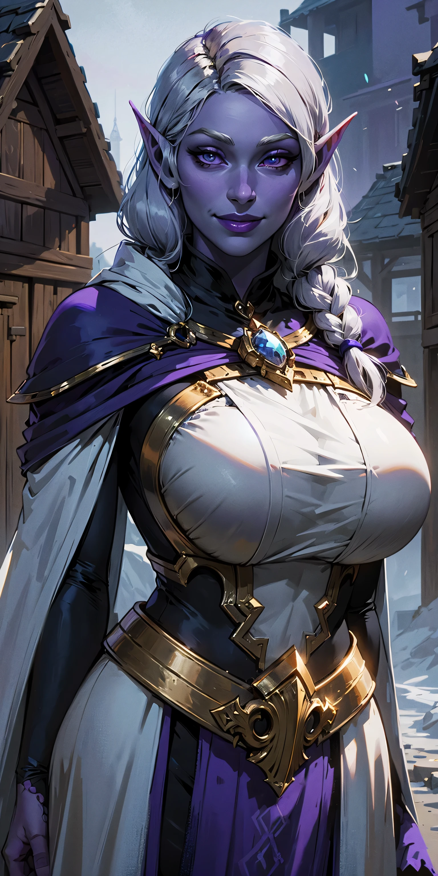 (Female drow elf chest covered very purple skin)(smile) pale golden hair and violet eyes. They prefer clothing of white and silver with cloaks of deep blue or purple, village background, huge knockers, ((very precise detailed)), ((high res)