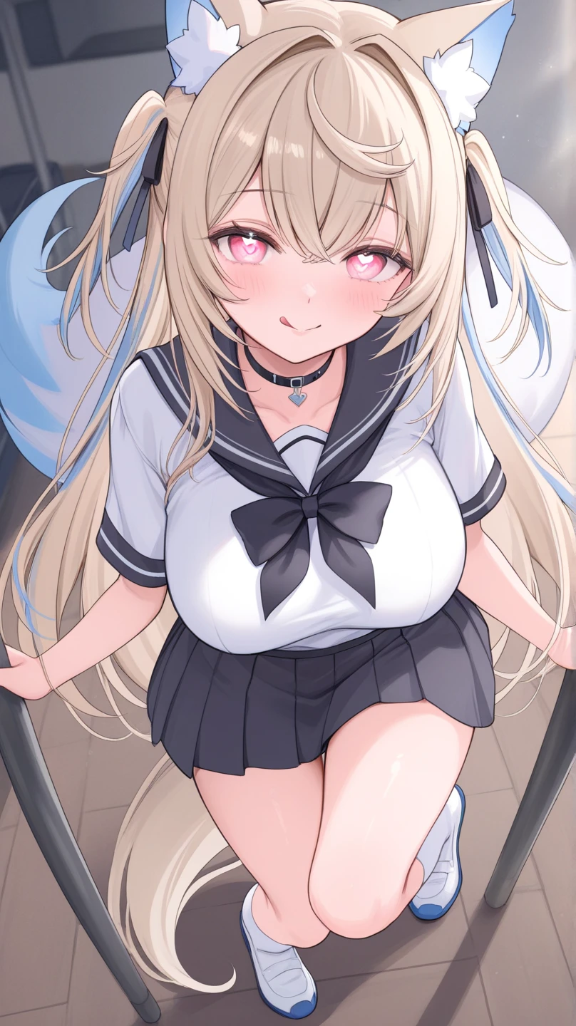 (masterpiece:1.2、Highest quality、Tmasterpiece)、(1 female)、alone、classroom、Day、(Squat:1.2)、whole body、beauty、blonde、Twin tails、blue eyes、(Sailor suit:1.4)、(Dark Skin:1.4)、break、Big Breasts、Long sleeve、Earrings、lipstick、(pantyhose:1.2)、weaty、choker、blush、Covered breasts、Bangs braids、(Thick lips:1.2)、((Stick out your tongue:1.1)),(Spit drips:1.2)、(Pet poses),(Blowjob pose:1.2)