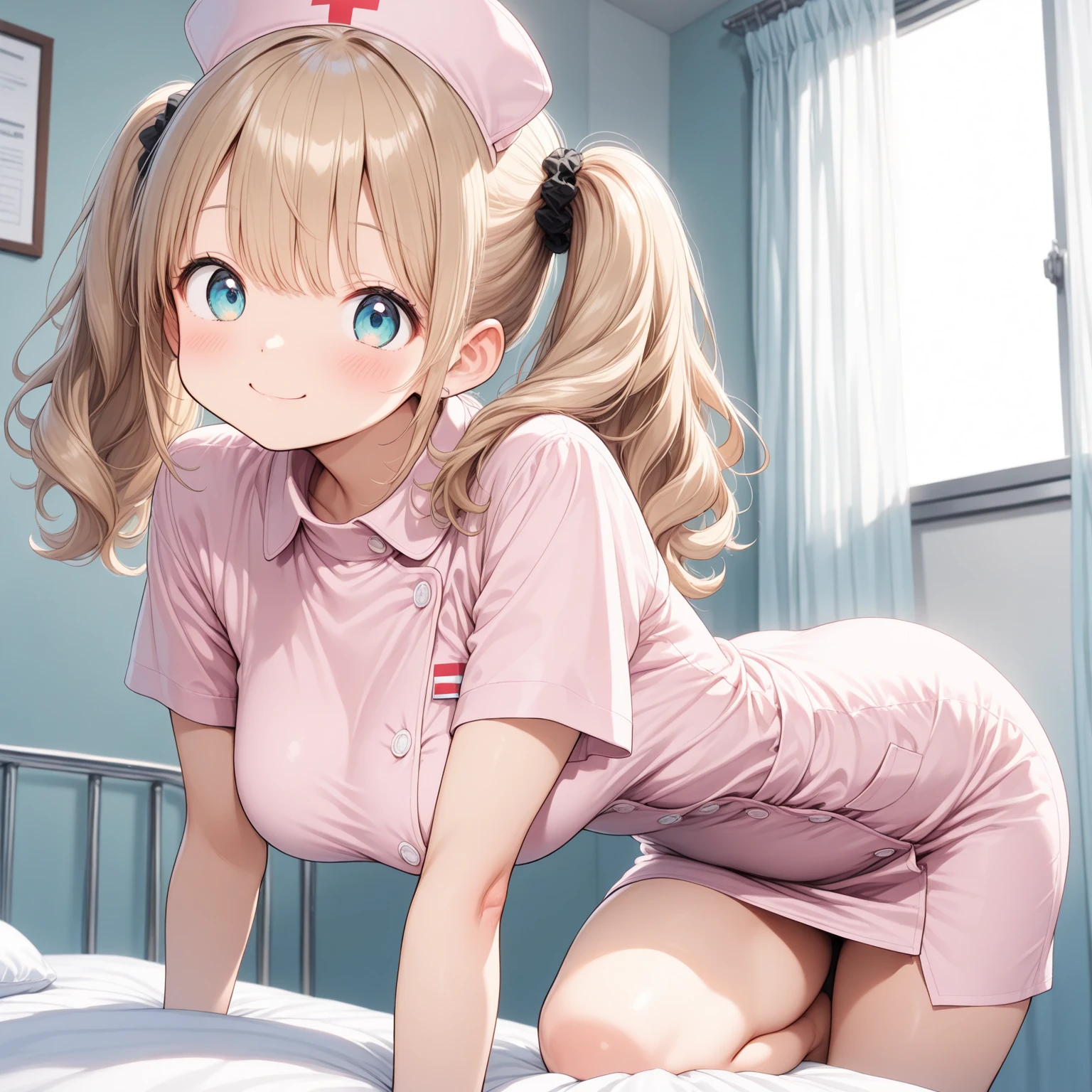 最好质量、One girl、a blond、Longhaire、Blue eyes、Small face、a smile、Pink nurse attire、mini-skirts、large tits、Open chest、beauty legs、Black Socks、dim lighting、Hospital rooms separated by partitions、Angle from below、View here、Background blur