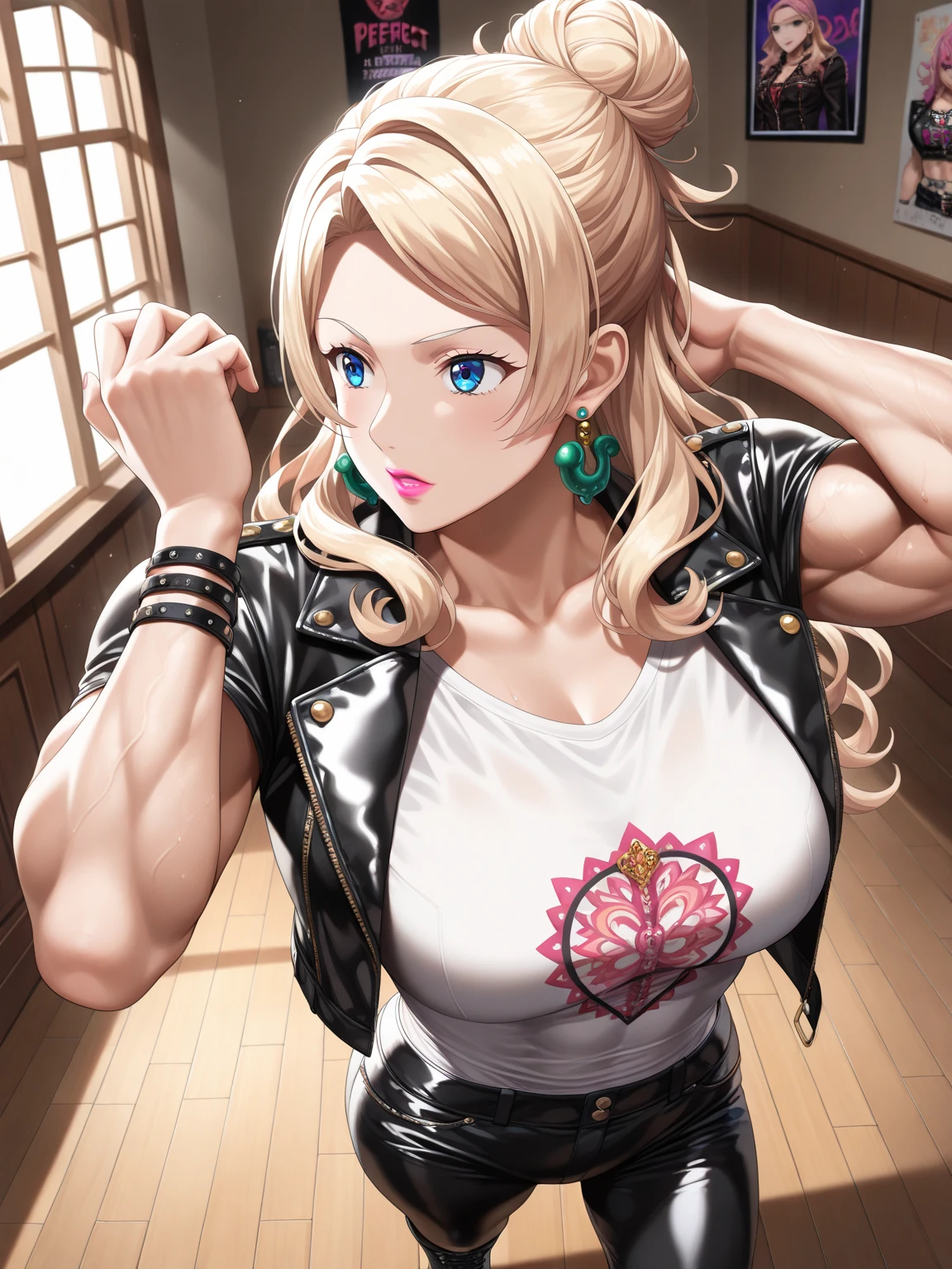 ultra detailed anime,hyperrealistic anime style,beautiful adult woman,short skirt,ring tube top shirt,blushed,teary,blonde hair,side ponytail,earring,necklace,bracelet,tanned skin,curvy