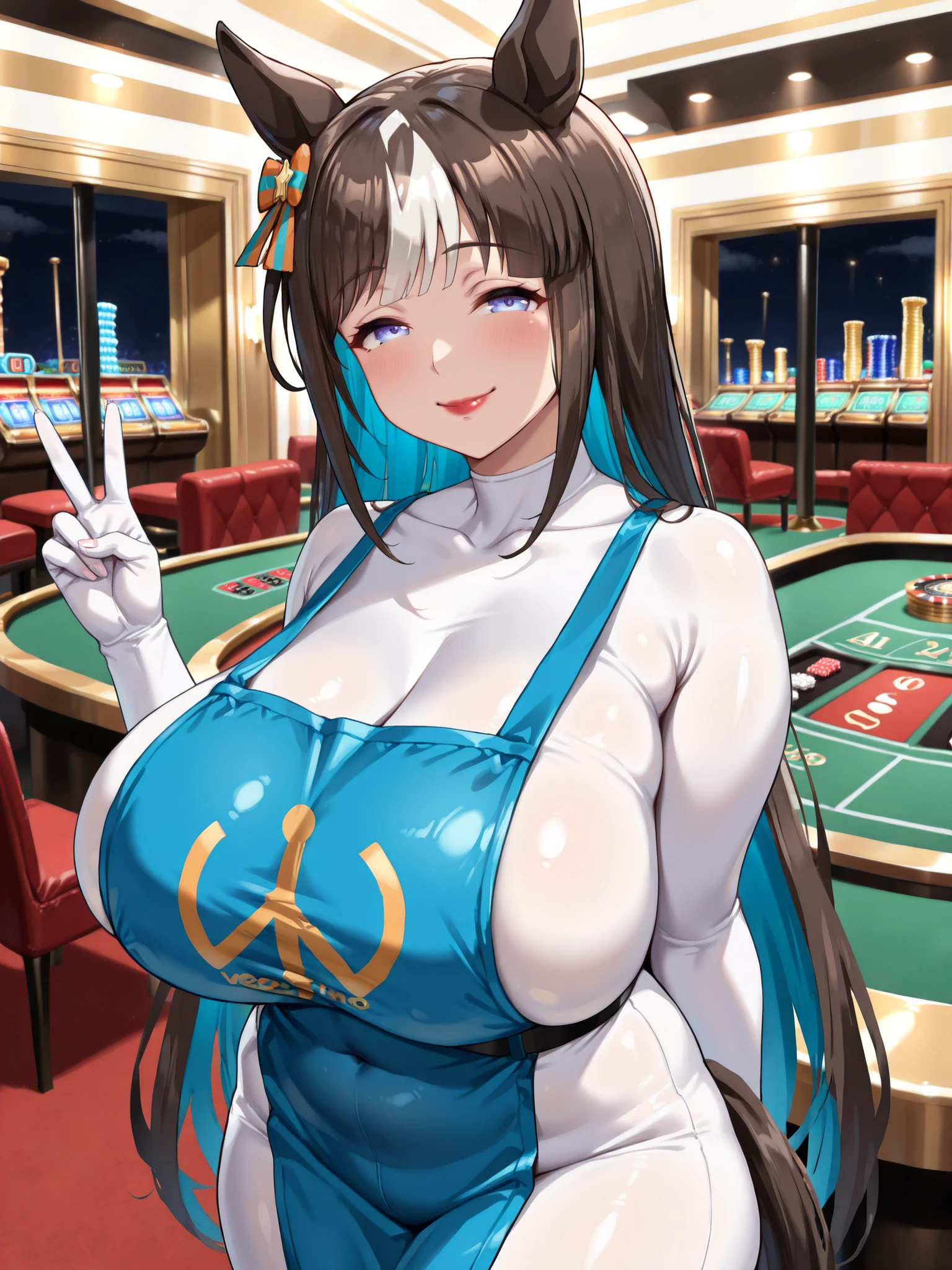 masterpiece, score_9, score_8_up, score_7_up, source_anime, best quality, extremely detailed, 1girl, milf, solo, claire kagenou, (huge breasts:1.1), ((((pink hair), long hair, brown eyes))), blue lips, (((bodystocking, micro bikini, panties))), ((naughty smile), closed mouth), ((casino))