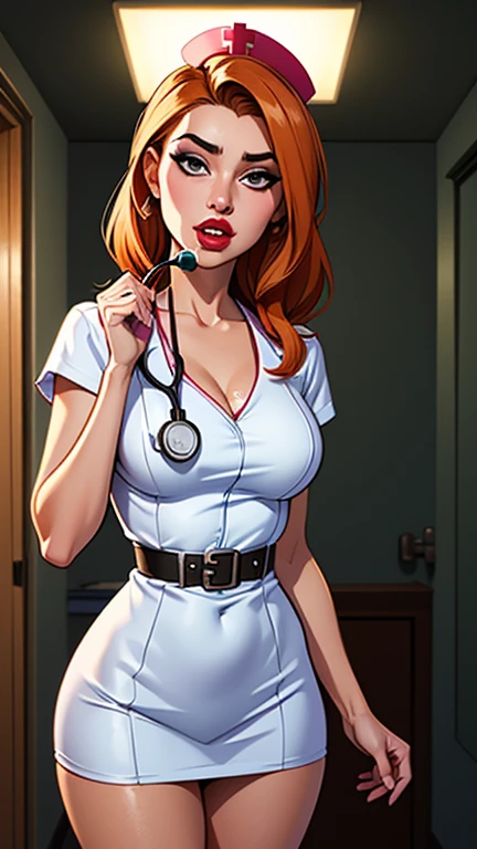 (Masterpiece, Best Quality), 8k Wallpaper, highly detailed, poster, vintage sci-fi film, 1960s, a magazine cover with sexy giant nurse towering over a tiny city, a portrait by Paul Kane, cinematic movie poster, perfect face, Orange hair, Attack of the 50 foot woman, giant woman, tiny city, lines, abstract, mid century modern, movie poster, vintage, white nurse uniform, stiletto high heel shoes, tiny destroyed skyscrapers city, retrofuturism, pulp sci fi, pulp sci-fi, 60's pulp illustration, scifi pulp, pulp book cover art, pulp scifi, old retro pulp comic cover, pulp science fiction, pulp scifi illustration, vintage scifi, skyscrapers sized under her knee