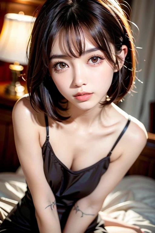 (masterpiece:1.3), (8k, photorealistic, RAW photo, best quality: 1.4), (1girl), beautiful face, (realistic face), (black hair, short hair:1.3), beautiful hairstyle, realistic eyes, beautiful detailed eyes, (realistic skin), beautiful skin, (Height: 163cm, Weight 50kg), (bust size 80cm), (full body), (Black Lace Lingerie, garter belt), absurdres, attractive, ultra high res, ultra realistic, highly detailed, golden ratio, (Accurate hands and fingers), (Beautiful red nail art), Looking up, (orgasm:1.2), (Cleavage:1.1), ((She is kneeling and clutching her chest with both hands.)), (A view from directly above), ((Bust Shot:1.2)), ((Close-up of face:1.3)), An empty hotel hallway in the middle of the night, (cum on face), projectile cum, (excessive cum:1.2)