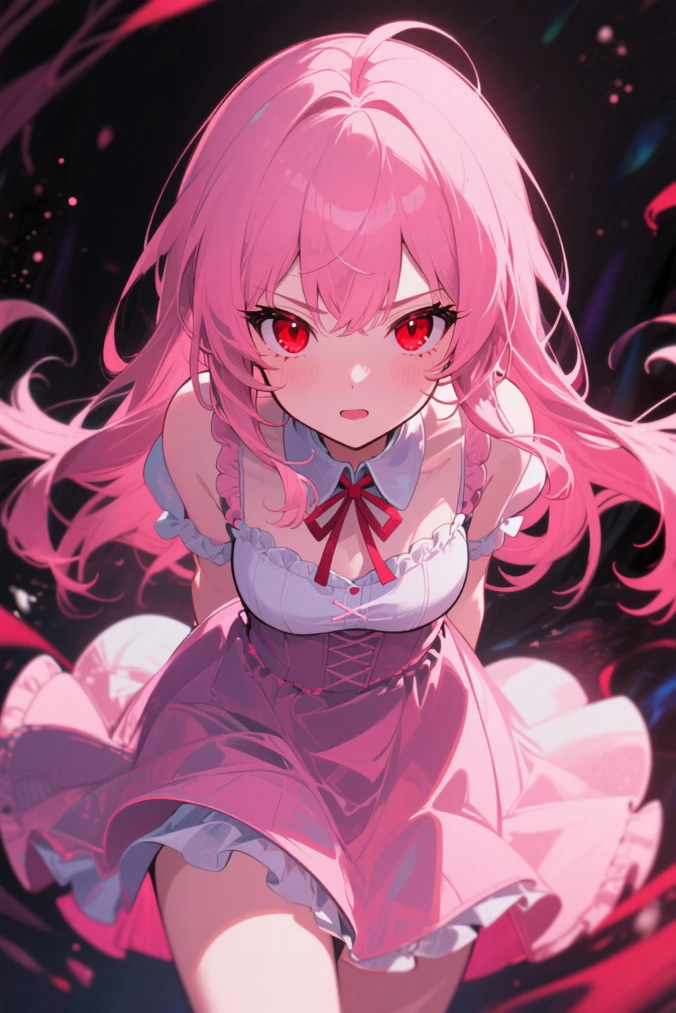 Anime two-dimensional style double ponytail girl red pupil girl black miniskirt，White over-the-knee stockings，is shy，Lie on your back，on top of the bed，The clothes are wet，Spread your legs apart，revealing white panties