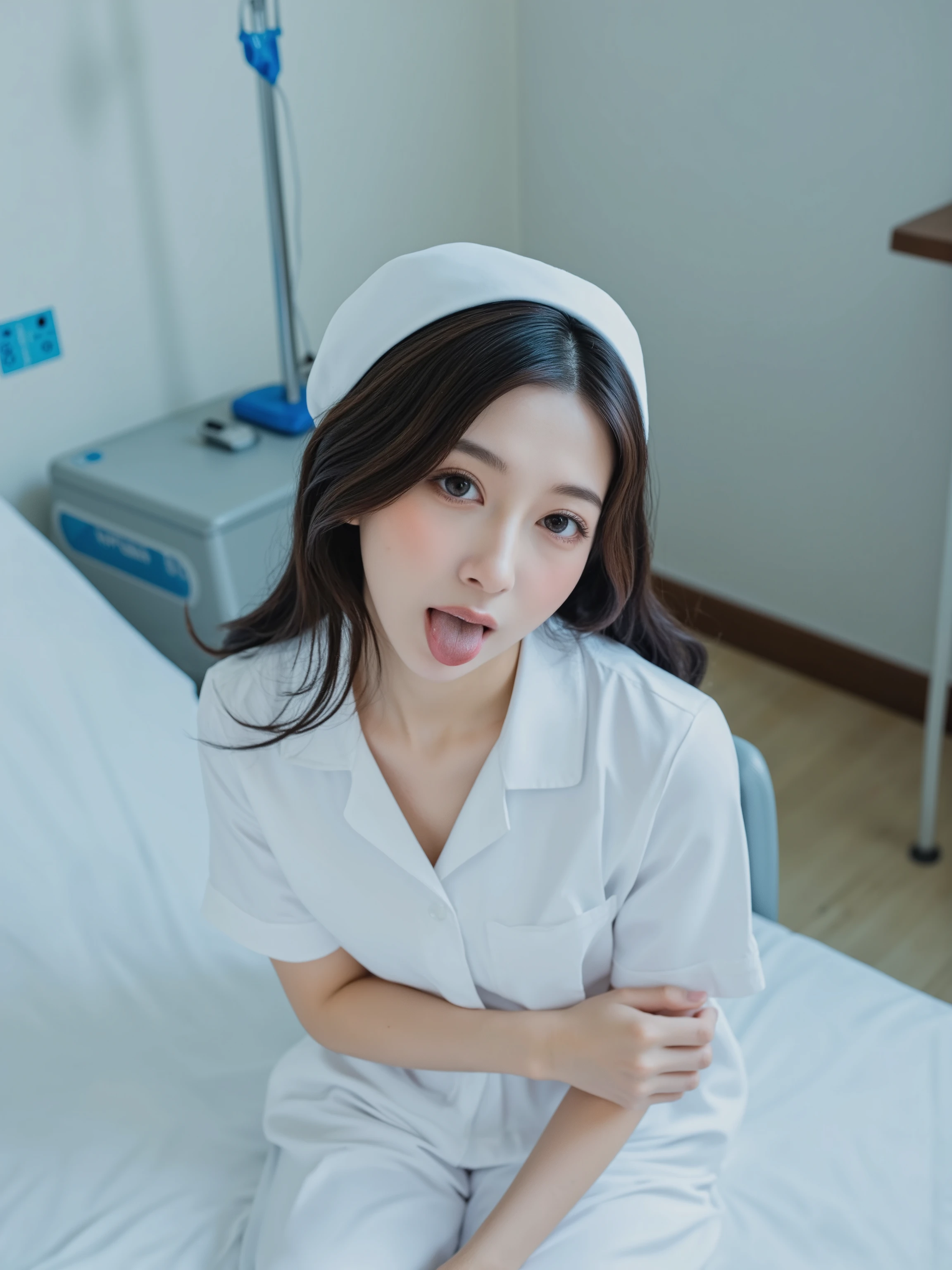 tongue out, dynamic_pos3, aesthetic_pos3, nurse cap, nurse uniform, detailed hands, A petite Japanese nurse with delicate features lies in a graceful reclining pose on a premium hospital bed with crisp white linens and an adjustable metal frame. The nurse wears a fitted nurse uniform with subtle cleavage and a traditional nurse cap, with one hand resting on her thigh, her body slightly angled toward the camera. Her piercing, seductive upward gaze is locked on the camera, accentuating her expressive eyes and glossy lips, with a seductive smile and her tongue gently licking her glossy lips, showing clearly defined lip contours. Her dense, flowing hair frames her face. The sterile, modern hospital room features soft ambient lighting, IV stands, and subtle medical equipment in the background, with soft, diffused natural light streaming through a window. Overhead perspective with professional portrait photography using natural and ambient lighting in 4K HDR quality.