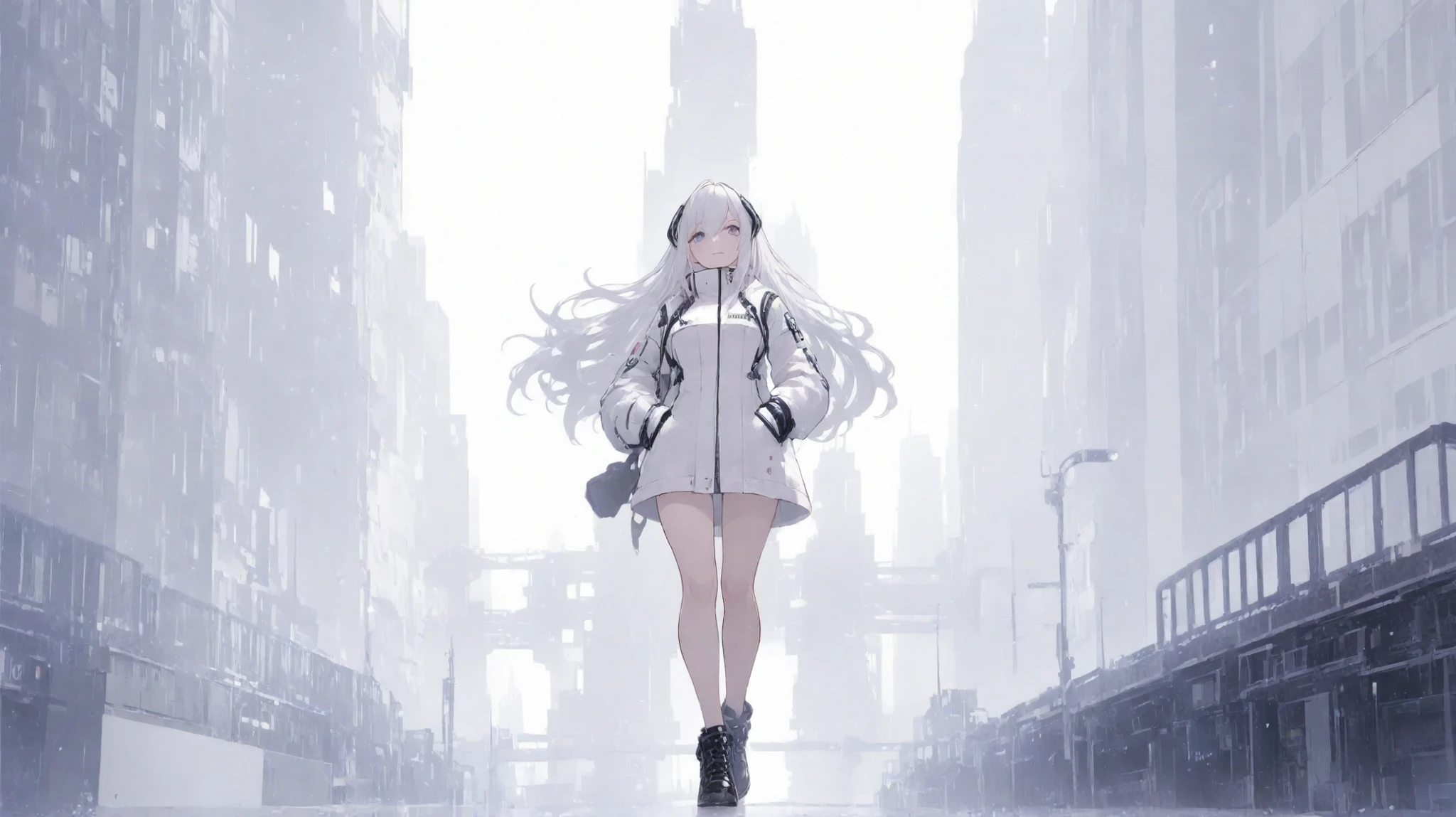 (masterpiece, best quality:1.2), 1girl, solo,mirage art, white theme, long hair, silor costume, black shoes,