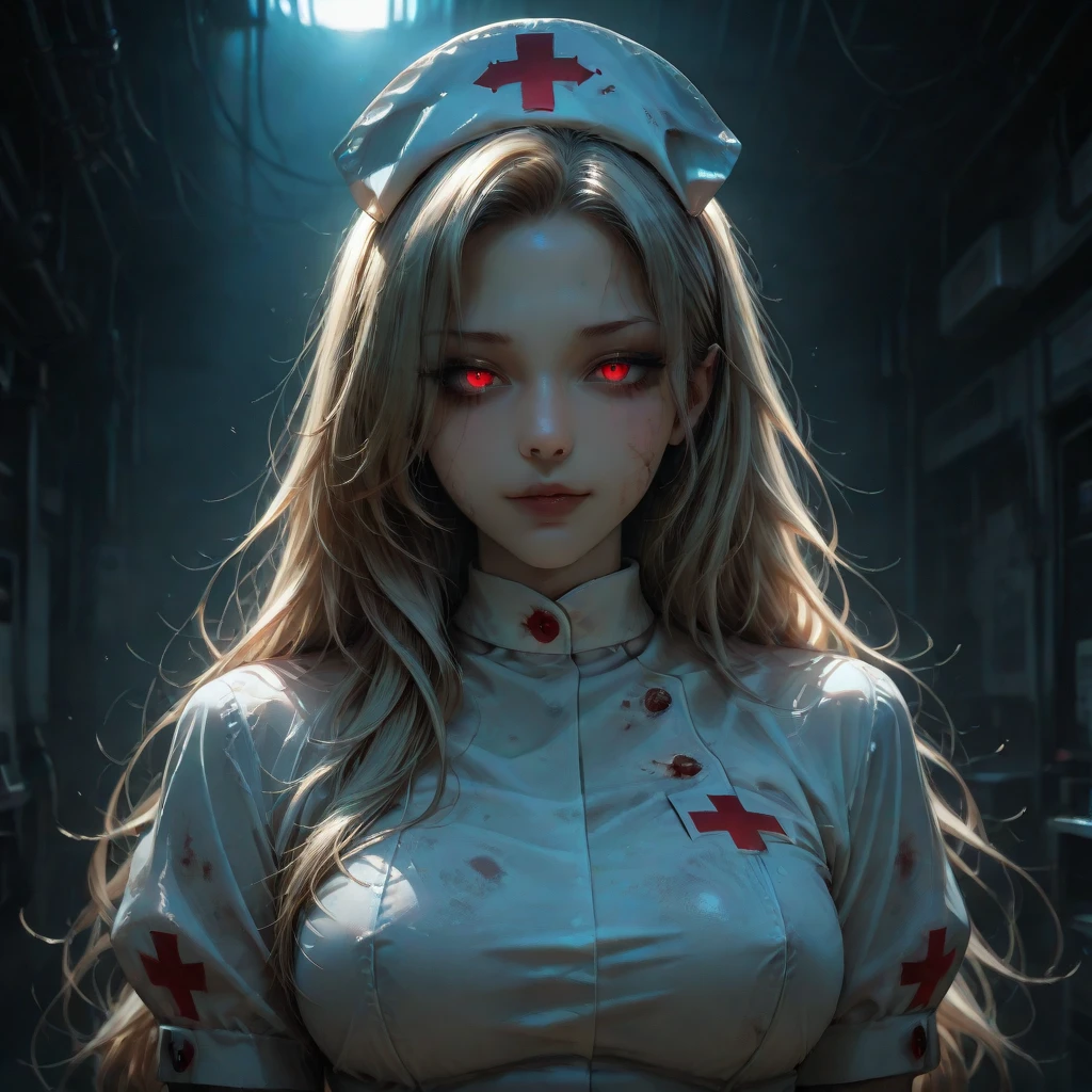 masterpiece, realistic, Illustration of a beautiful zombie nurse lady, with long hair, green eyes, pale skin lying in front of an abandoned hospital