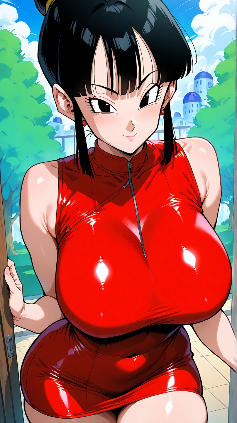 masterpiece, best quality, ultra-detailed, illustration,masterpiece, Best quality, high resolution, high resolution, dragon ball, blmshort, aqua hair, very short hair, earrings, jewelry, (red dress),tight dress, (yellow scarf), short dress, sleeveless ,beautiful detailed eyes, looking at viewer in a seductive look, close up, (breast focus), (arms behind back:1.2), tight clothes ,(from above:1.1),  large sized breasts, big tits,huge tits,(breasts out:1.3), attempt to seduce, wet clothes, nipples ,(show tits)
