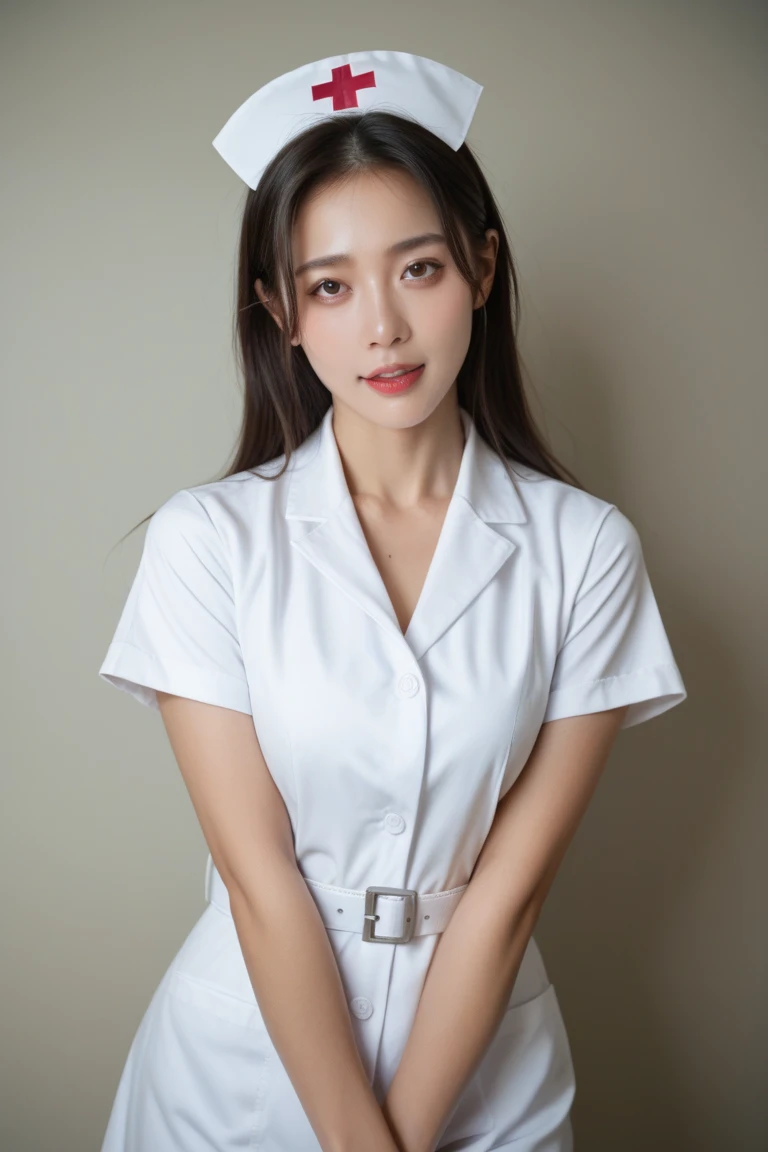 innocent 25 year old girl,giant :1.2,cleavage of breasts:1.2、(panty shot:1.3) (white nurse uniform:1.5),( White short skirt:1.5),(White nurse hat:1.5),(white nurse pumps:1.5), Angle:1.2、The background is a hospital room.、laugh,shortcut、RAW photos, (8k、top quality、masterpiece:1.2)、(intricate details:1.4)、(realistic:1.4)、octane rendering、Complex 3D Rendering Ultra Detailed, studio soft light, rim lights, vivid details, super detailing, realistic skin texture, detail face, Beautiful eye for detail, Highly detailed CG Unity 16k wallpaper, assembly, (detailed background:1.2), glowing skin, whole body
