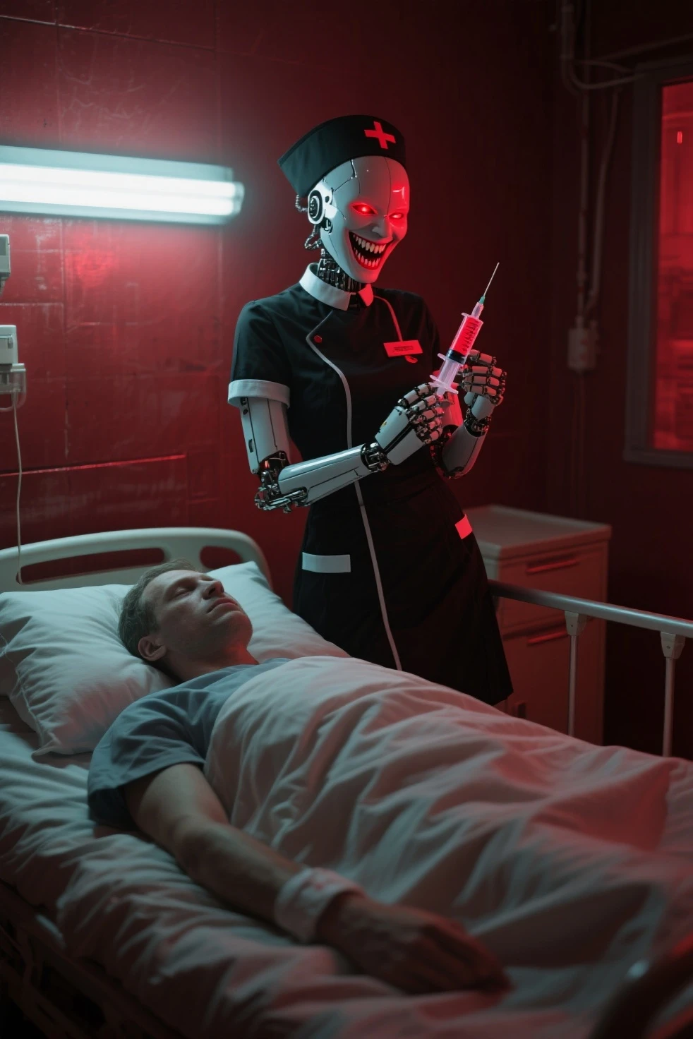 An android with a mechanical body, wearing a black nurse uniform, showing a ferocious smile, with a glowing red mouth, holding a syringe, in a dark red hospital room, with a gloomy atmosphere, from the patient's perspective, the patient is lying in bed.